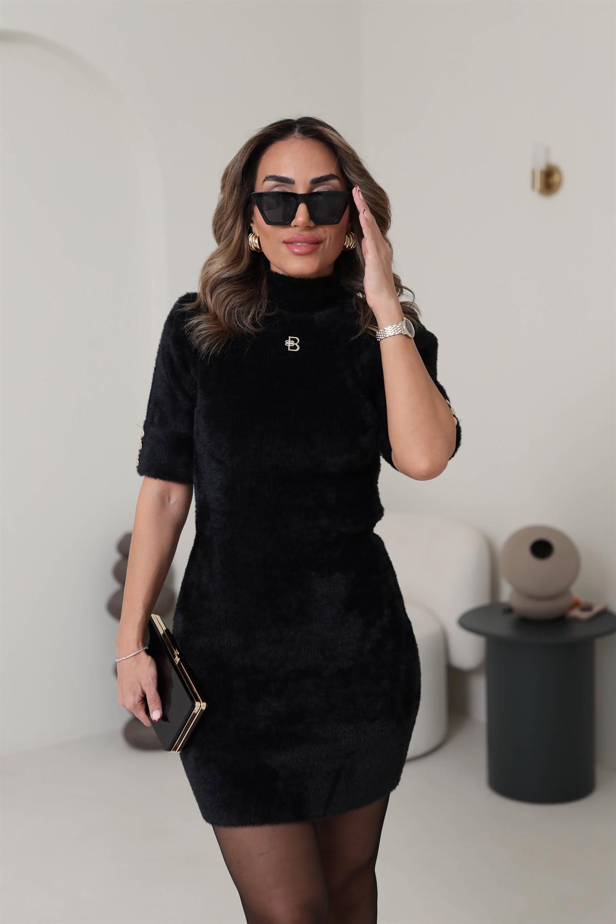 0221 Angora Taşlı Kısa Kollu Elbise SİYAH