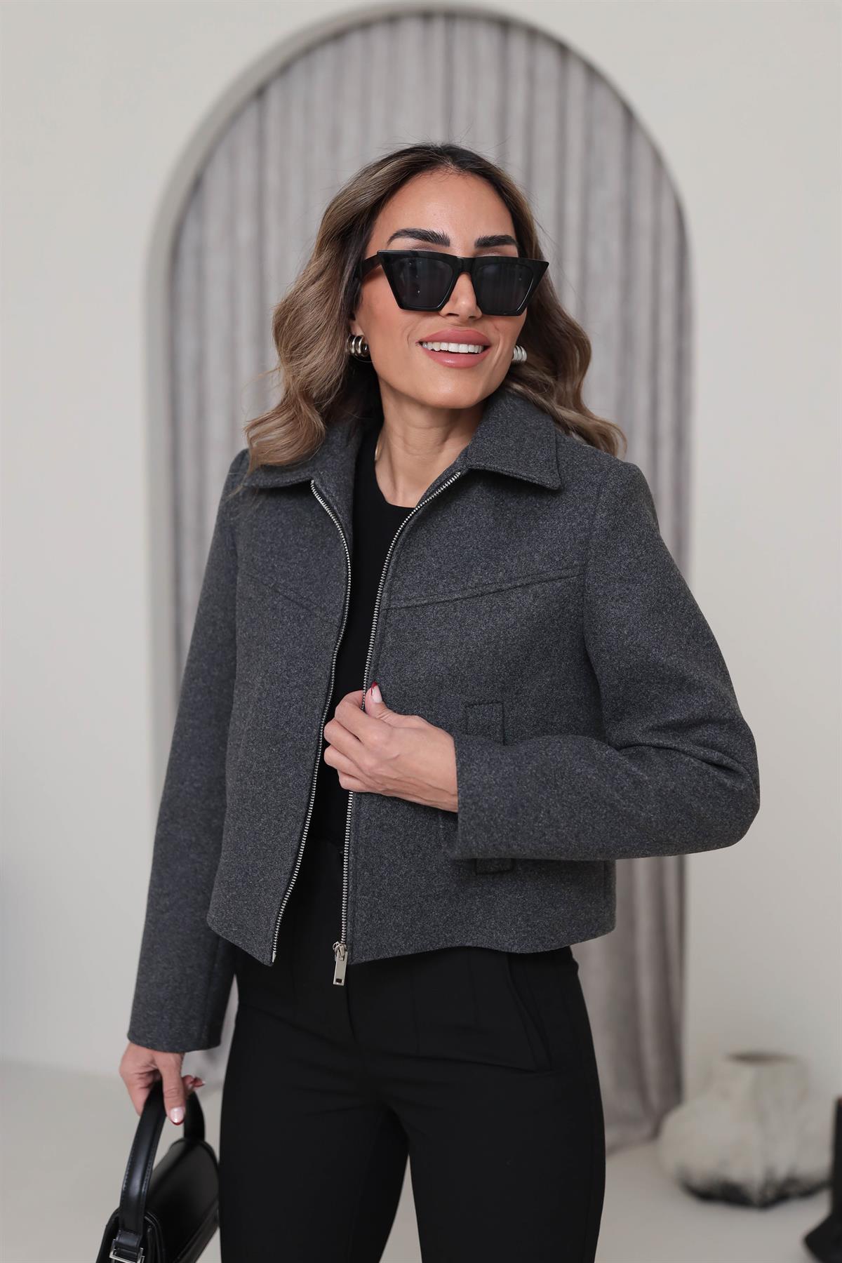 0169 Fermuarlı Za Model Kaşe Ceket ANTRASİT