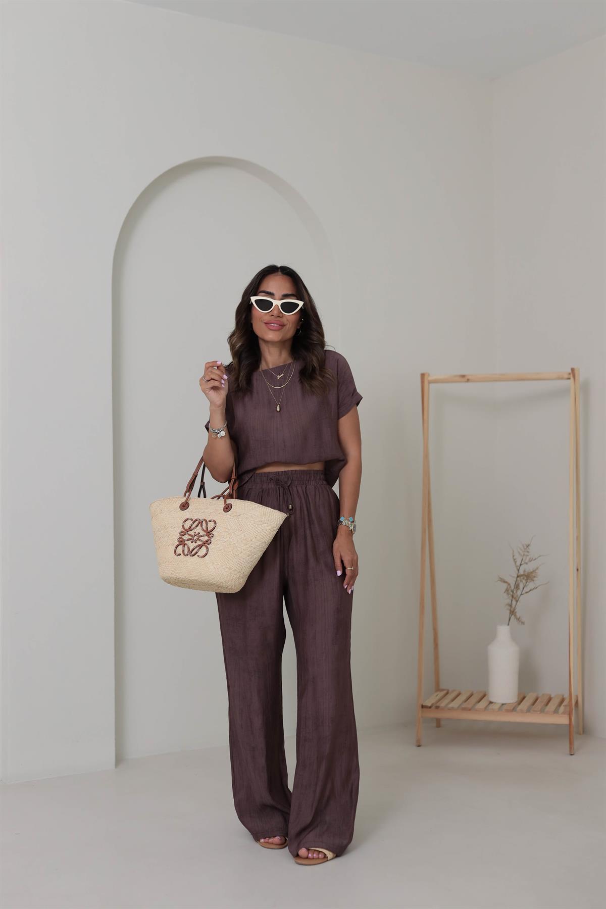 0450 Düşük Omuz Bluz Ve Geniş Paça Pantolon Takım KAHVE