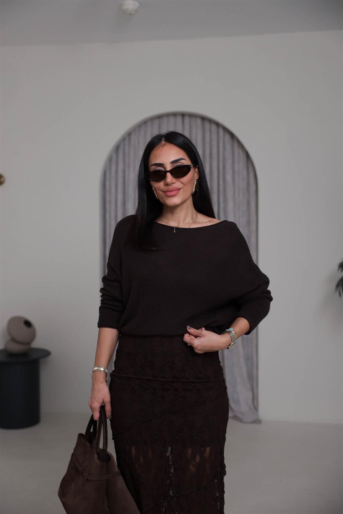 0804 Kayık Yaka Basic Triko Kazak KAHVE