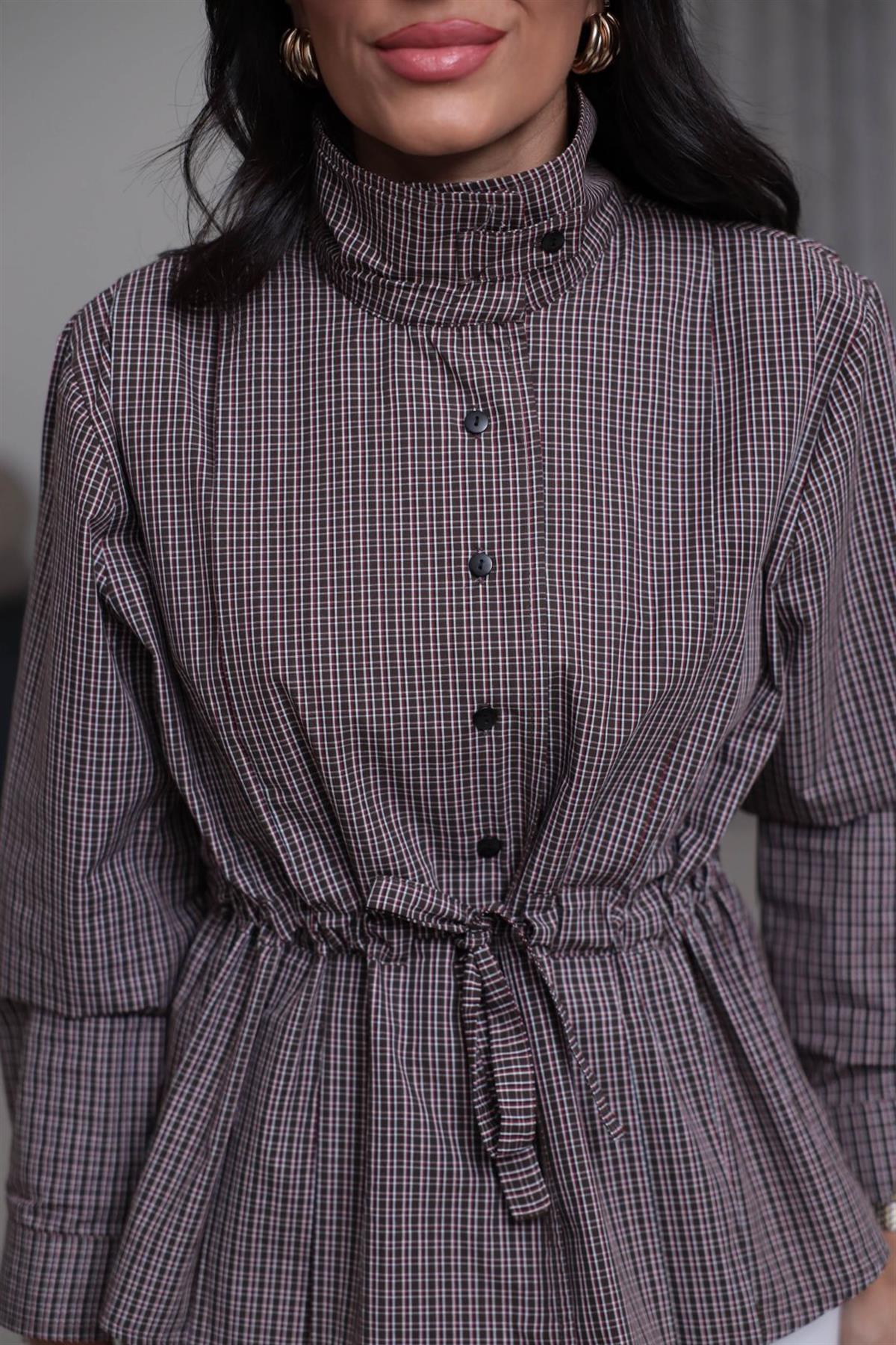 4099 Dik Yaka Belden Bağlamalı Ekose Gömlek KAHVE