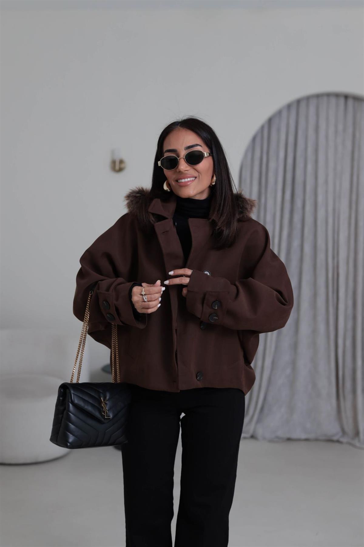 6856 Kürk Kapşonlu Parka KAHVE