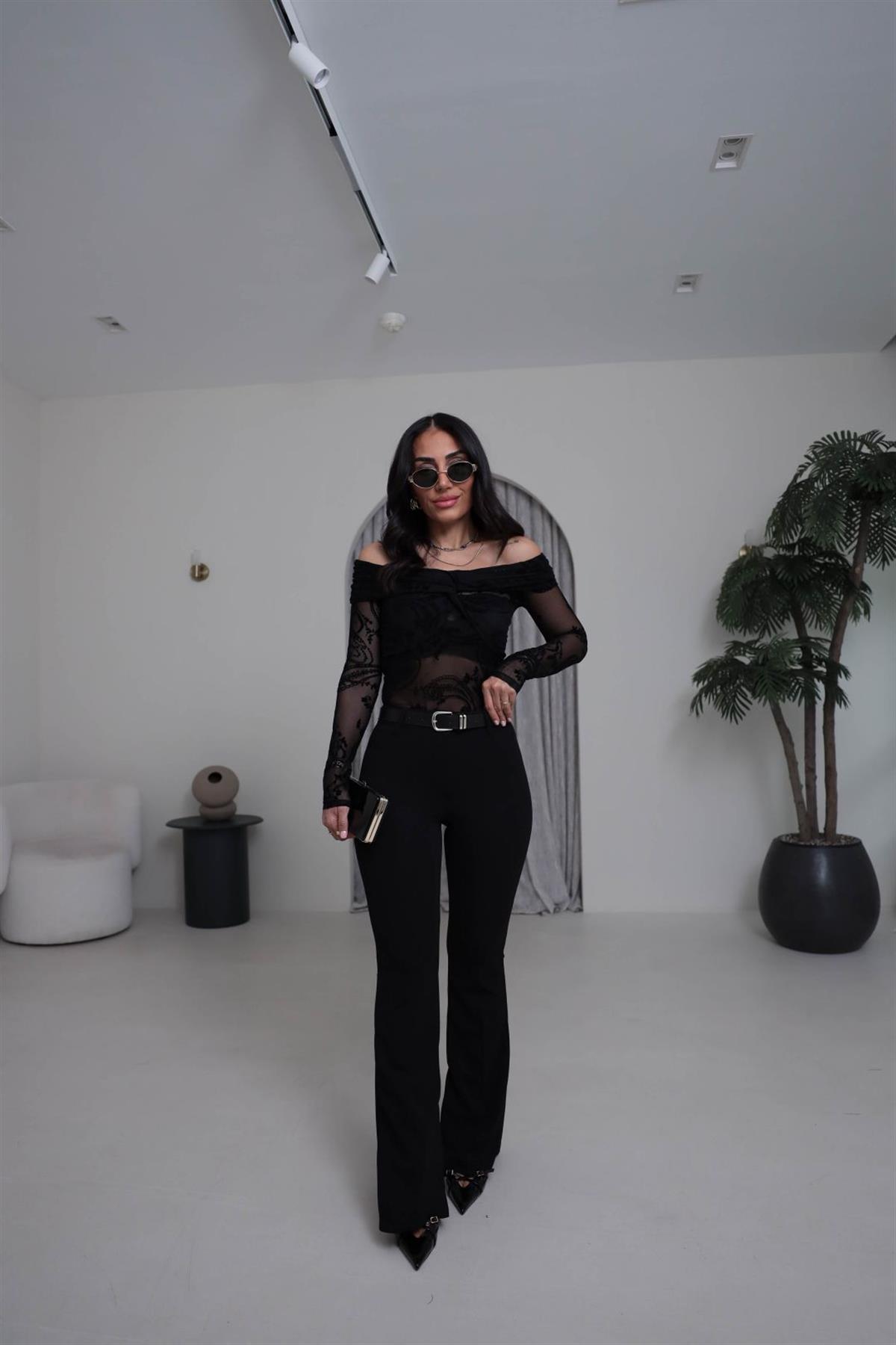 1741 Kemerli Likralı Kumaş Pantolon SİYAH