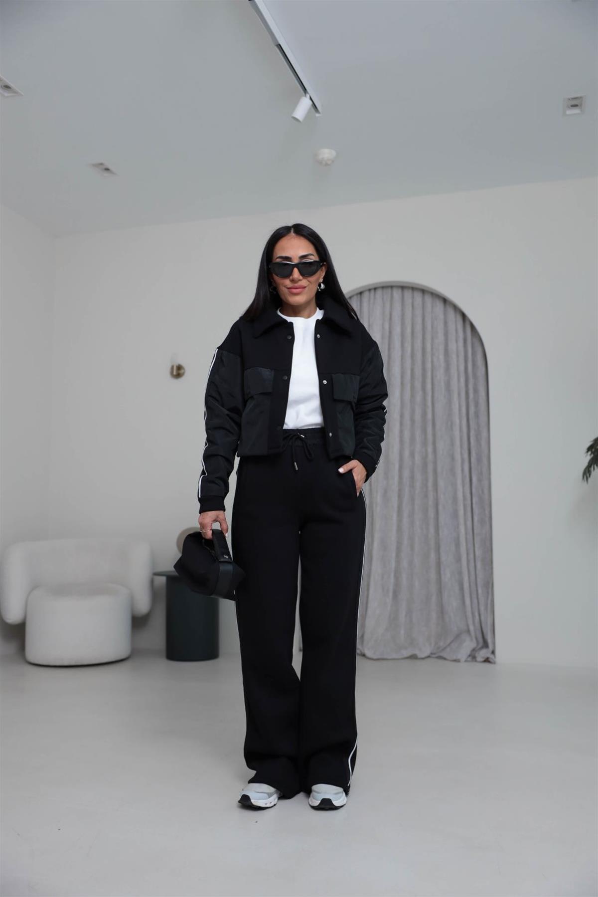 4076 Paraşüt Garnili 3 İplik Polo Yaka Çıtçıtlı Takım SİYAH