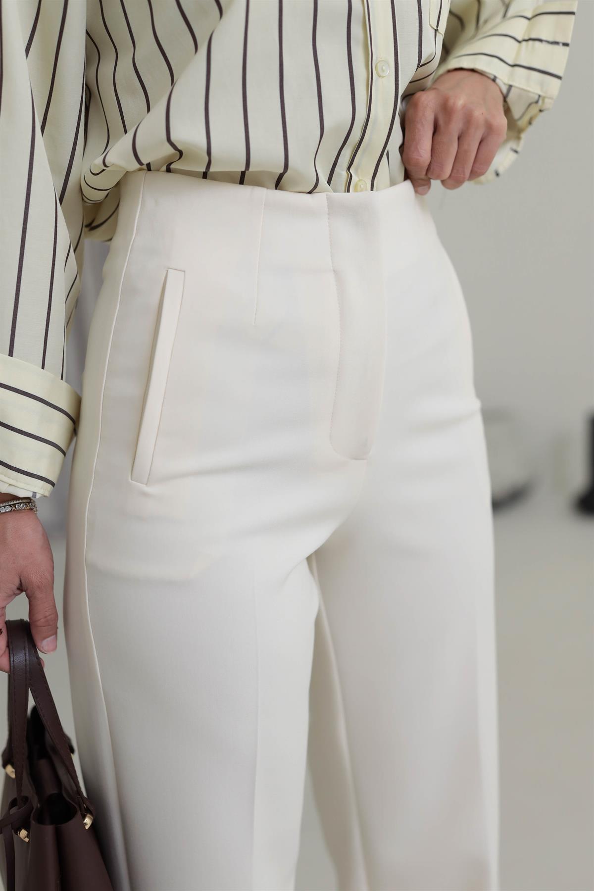 2001 Pensli Yüksek Bel Palazzo Pantolon KREM