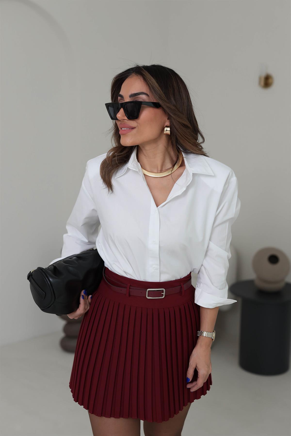 9723 Kemerli Piliseli Şort Etek BORDO