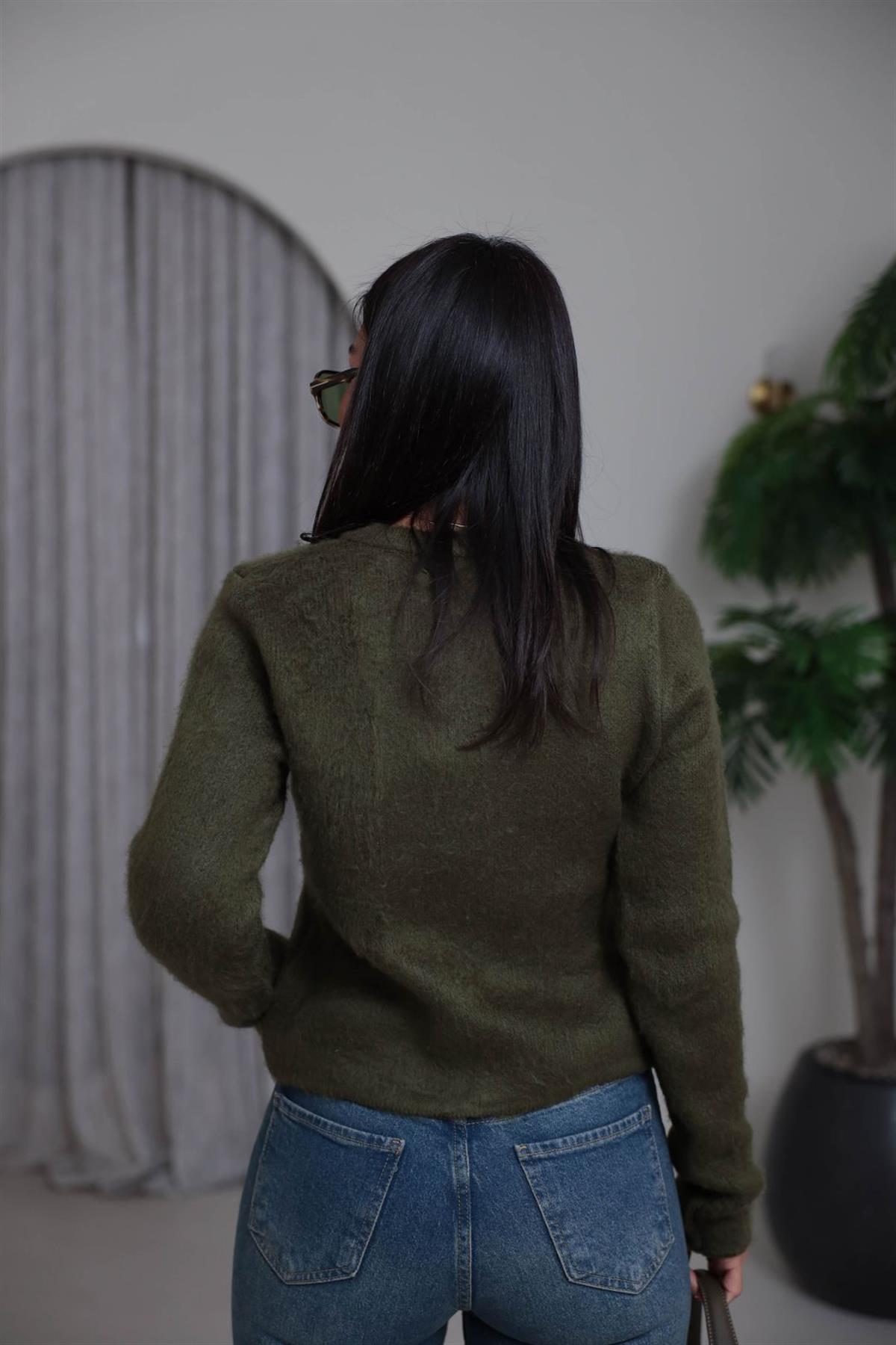 0157 Bisiklet Yaka Düğmeli Yumoş Hırka YEŞİL