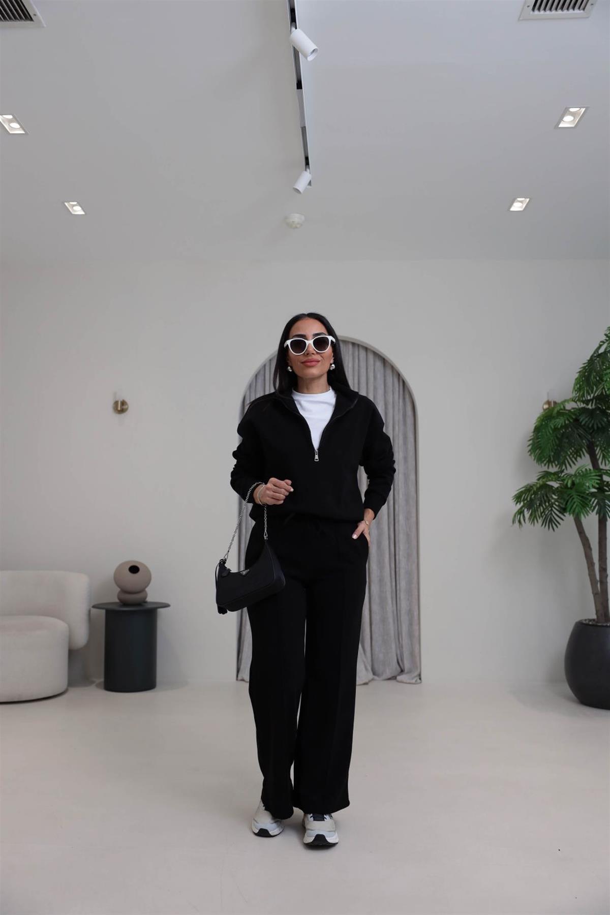 0122 Yarım Fermuarlı Tshirt Garnili Selanik Kumaş Takım SİYAH