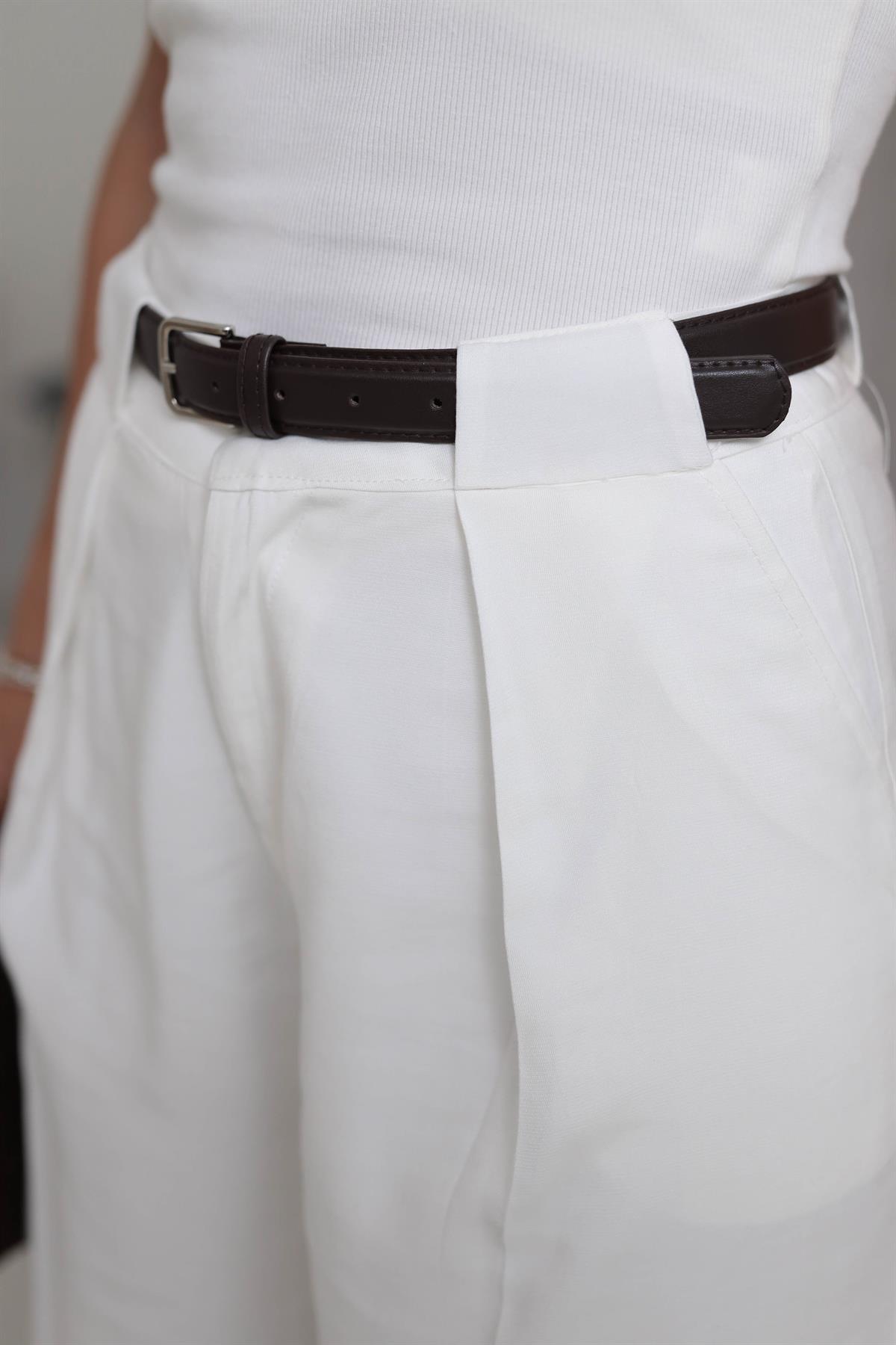 7255 Kemerli Astarlı Palazzo Pantolon EKRU