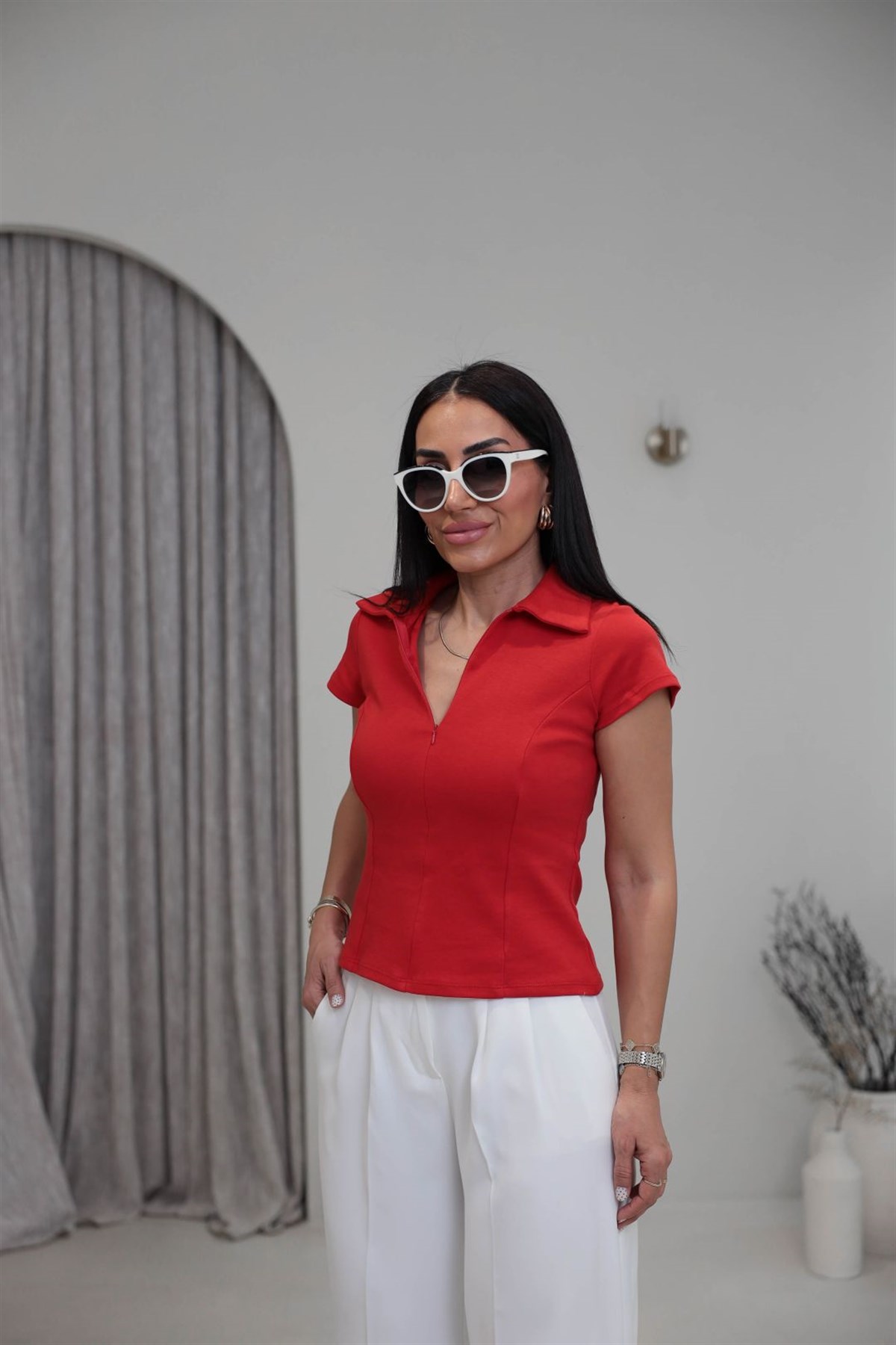 1070Y Yarım Fermuarlı Polo Yaka Pamuklu Tshirt KIRMIZI