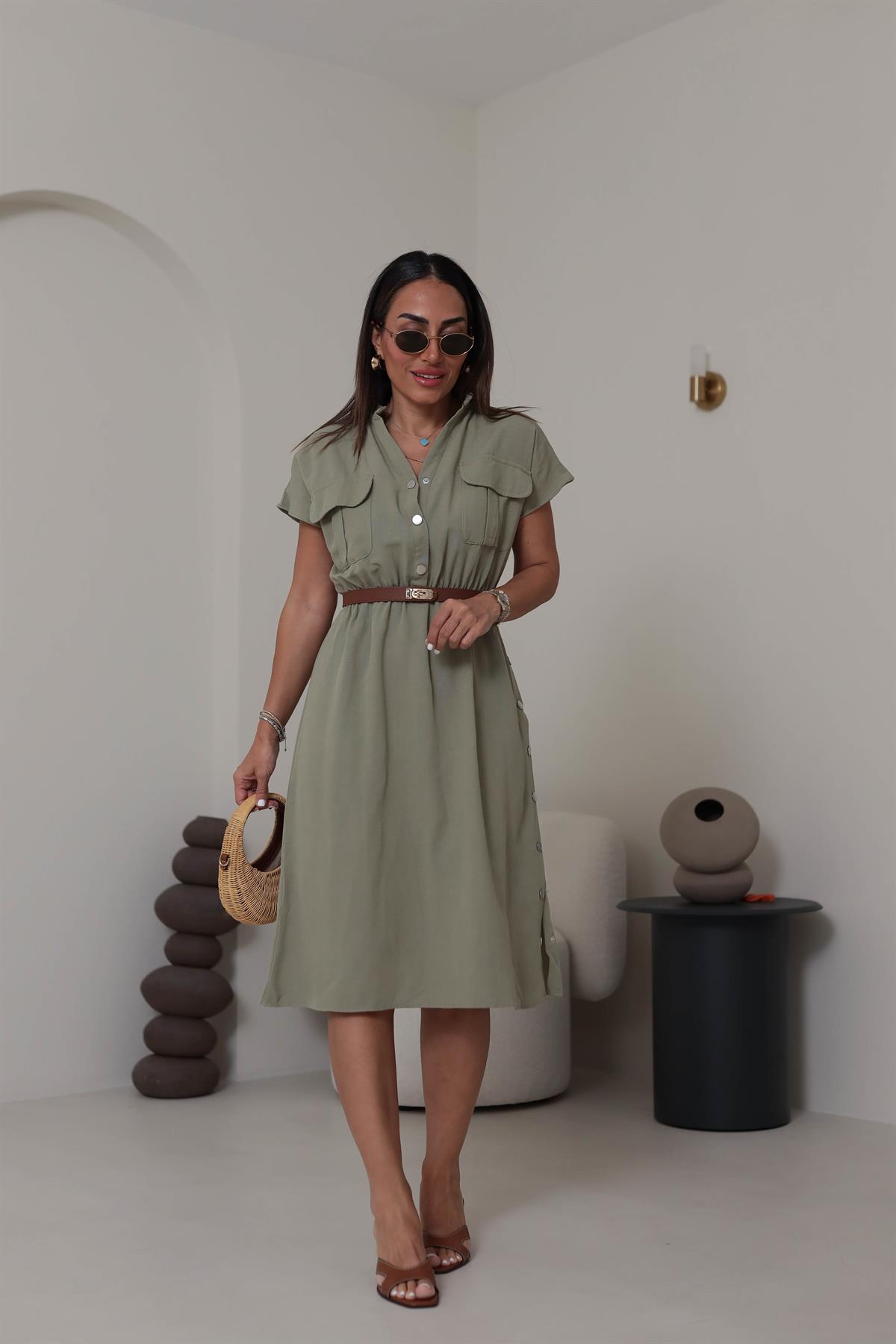 5921 Yan Çıtçıt Detay Elbise HAKİ YEŞİL