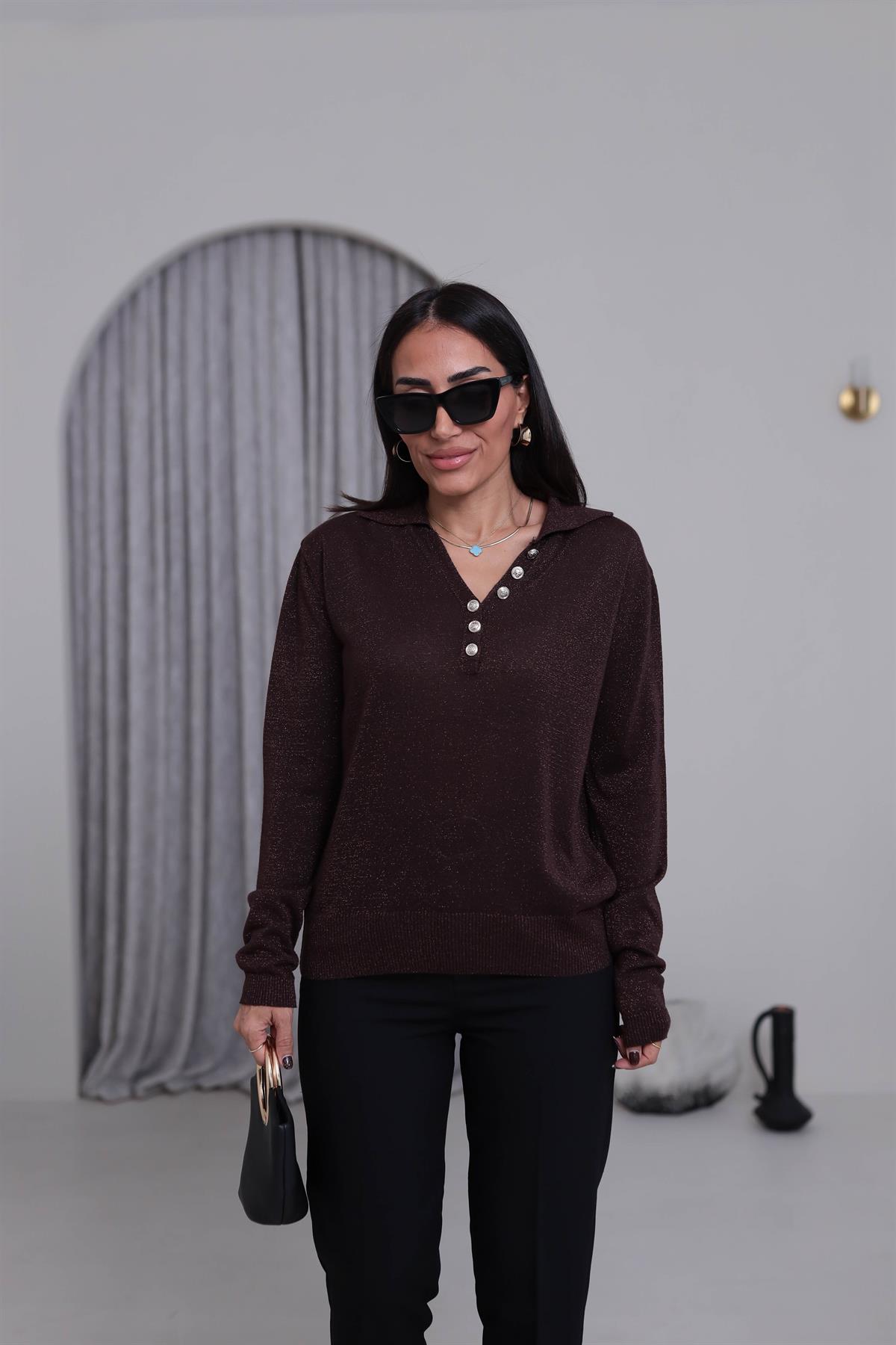 Simli Polo Yaka Bluz KAHVE