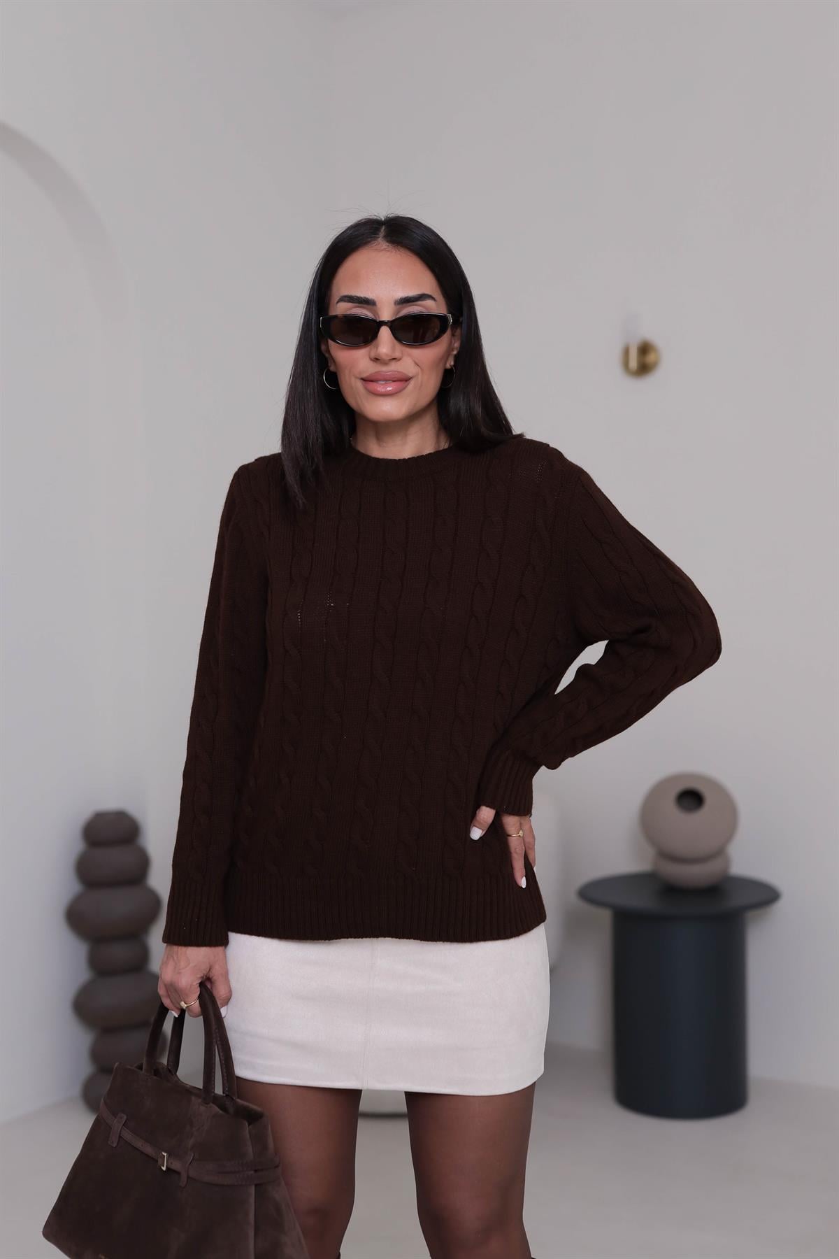 Bisiklet Yaka Örgü Kazak KAHVE