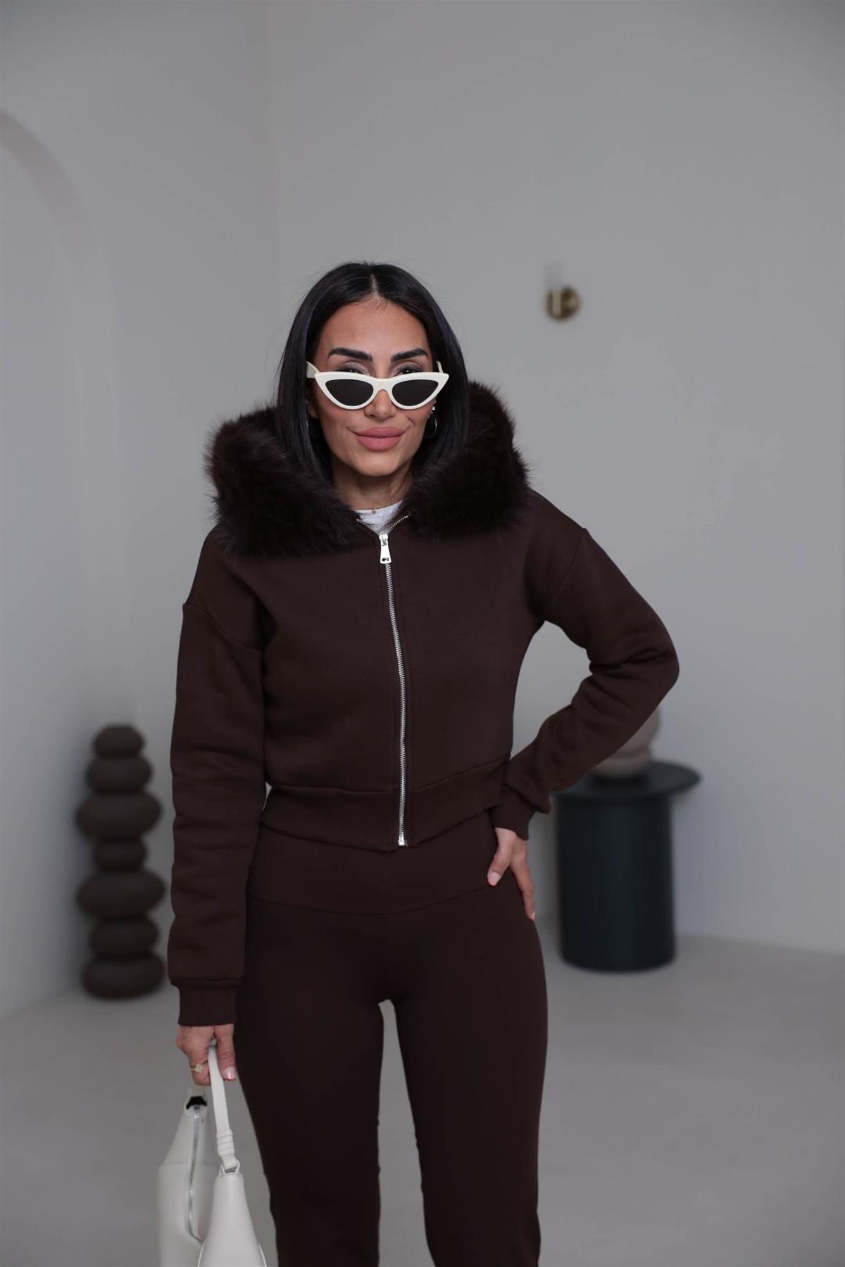 4067 Kapşonu Kürklü Şardonlu Kısa Sweatshirt ACI KAHVE