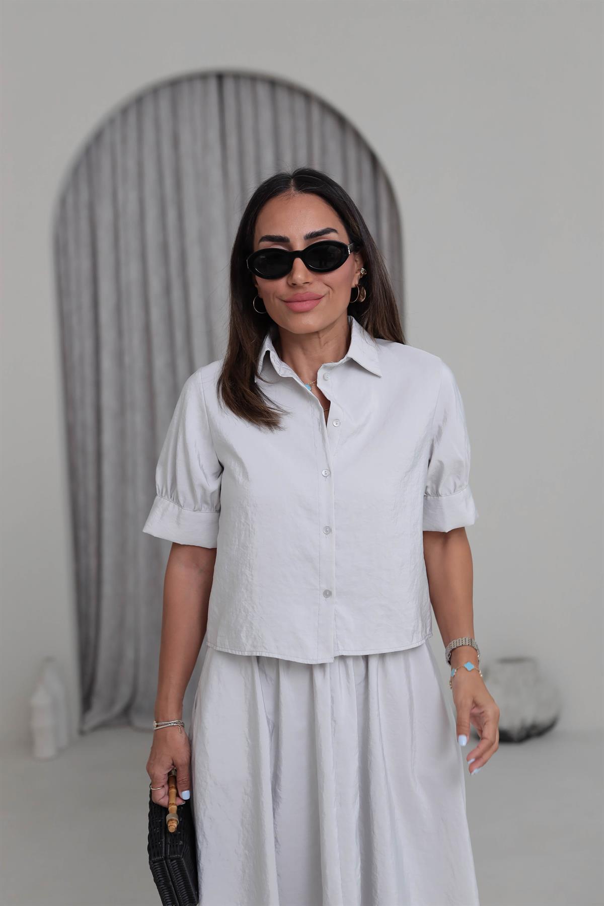 0381 Yarım Kol Gömlekli Etekli Takım AÇIK GRİ