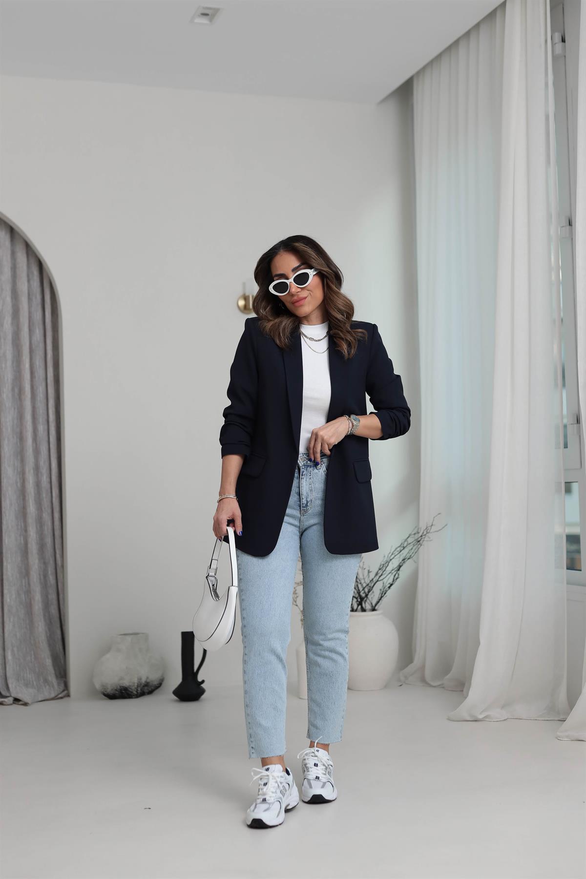 3101K Kol Büzgülü Blazer Ceket LACİVERT