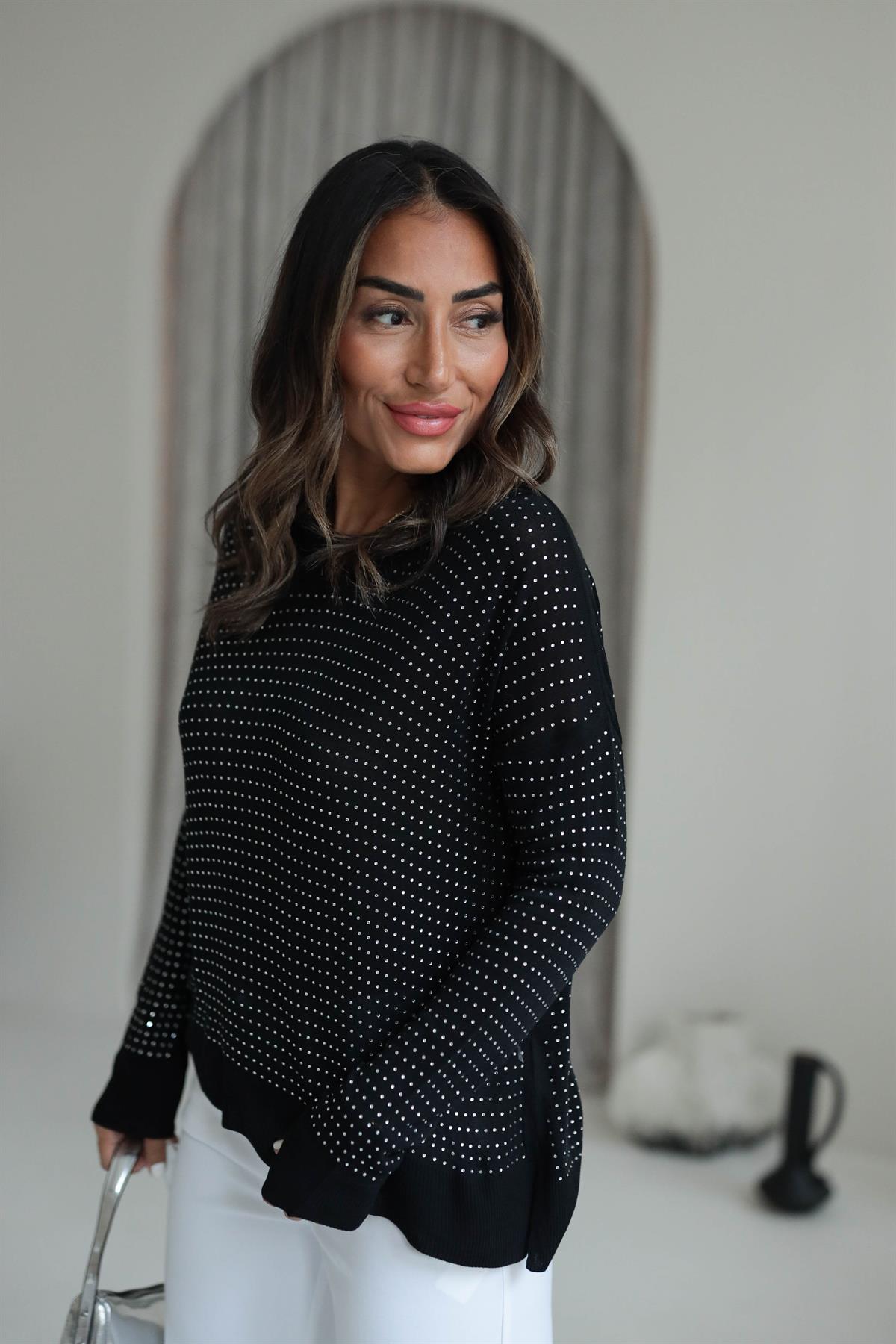 7010 Taşlı Merserize Triko Bluz SİYAH