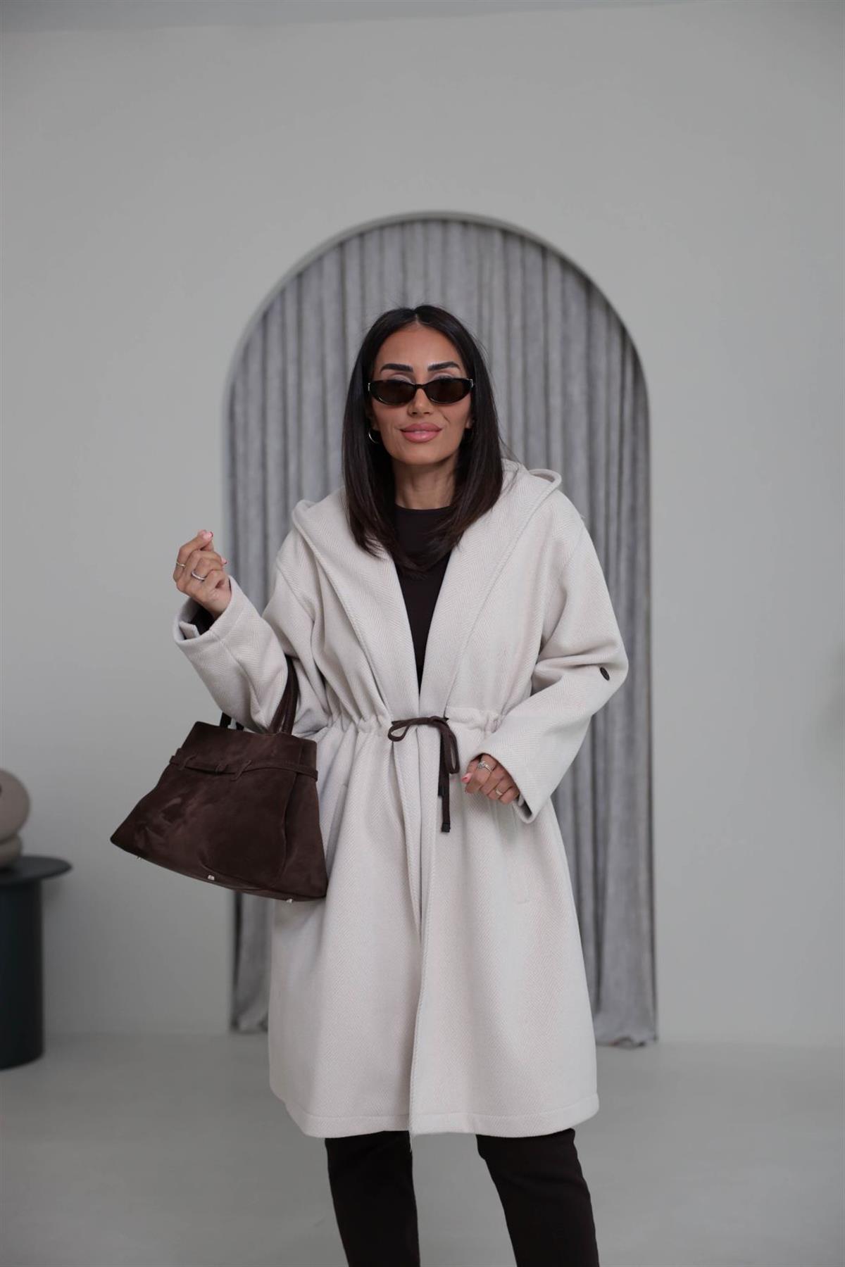 9852 Kapşonlu Balıksırtı Desen Kaban TAŞ