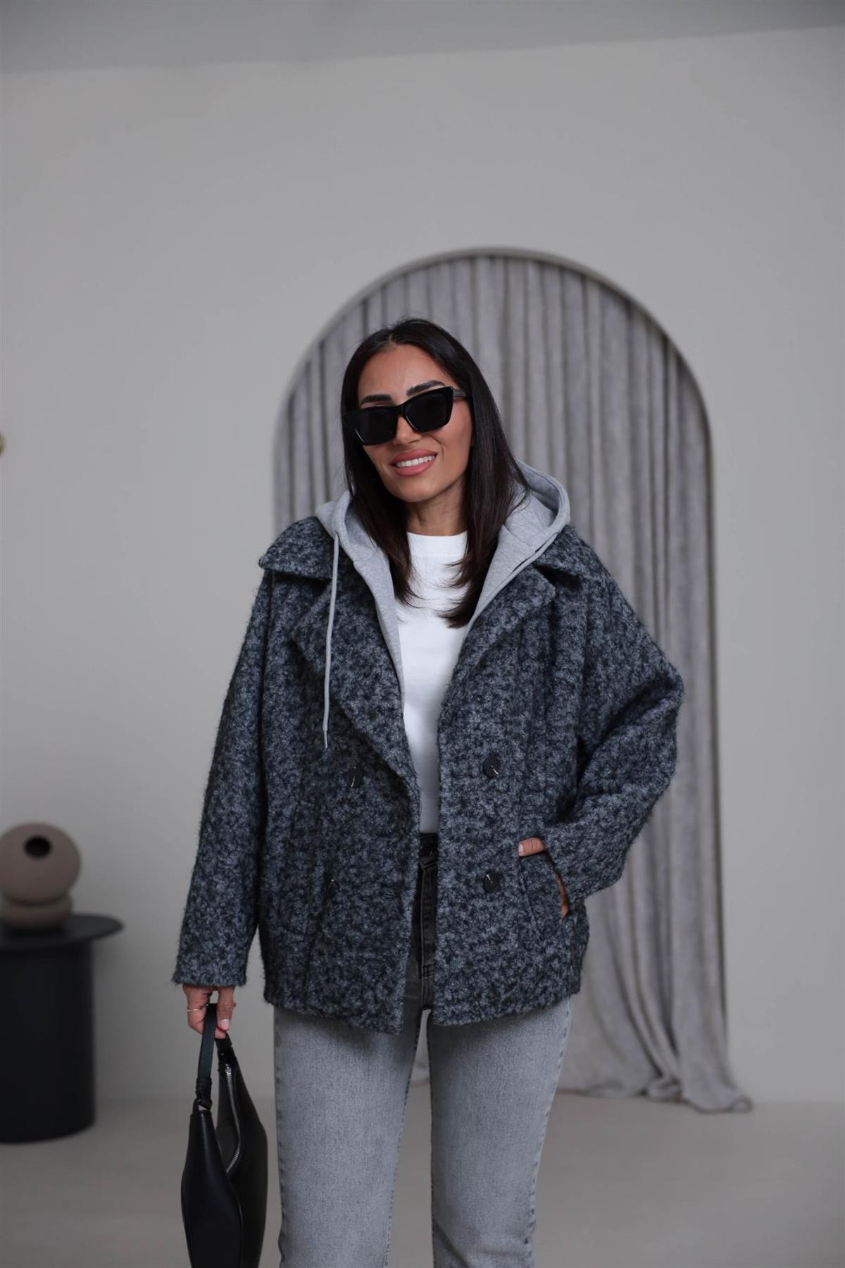 9690 Kapşon Detaylı Buklet Kaban GRİ-GRİ