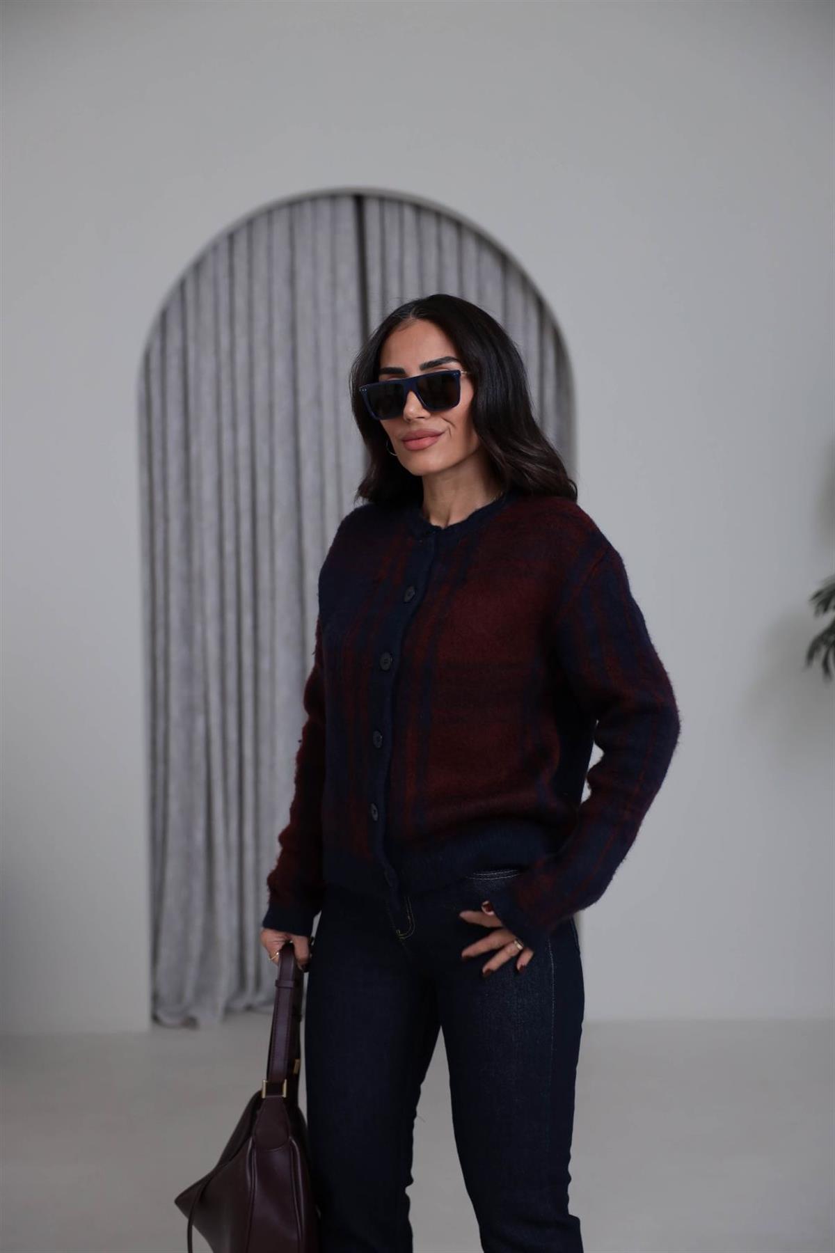 0092 Bisiklet Yaka Kare Desenli Hırka BORDO-LACİ