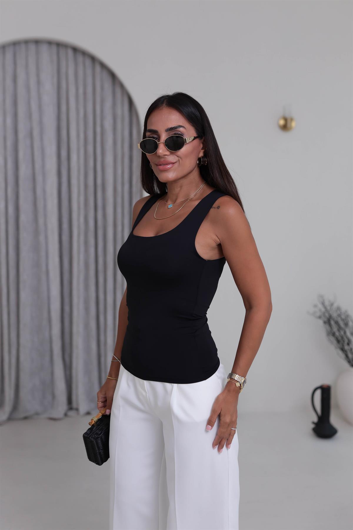 015 Kalın Askılı Çift Kat Poliamid Atlet SİYAH