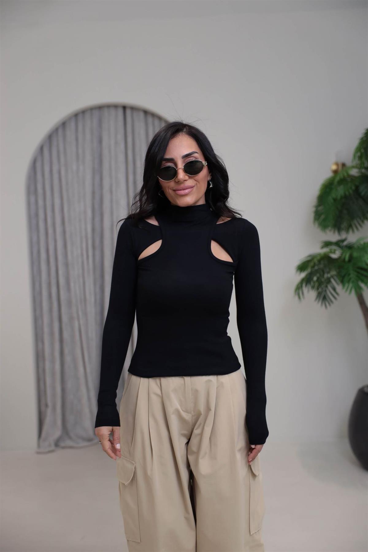 146 Dik Yaka Pencere Detaylı Uzun Kol Modal Bluz SİYAH