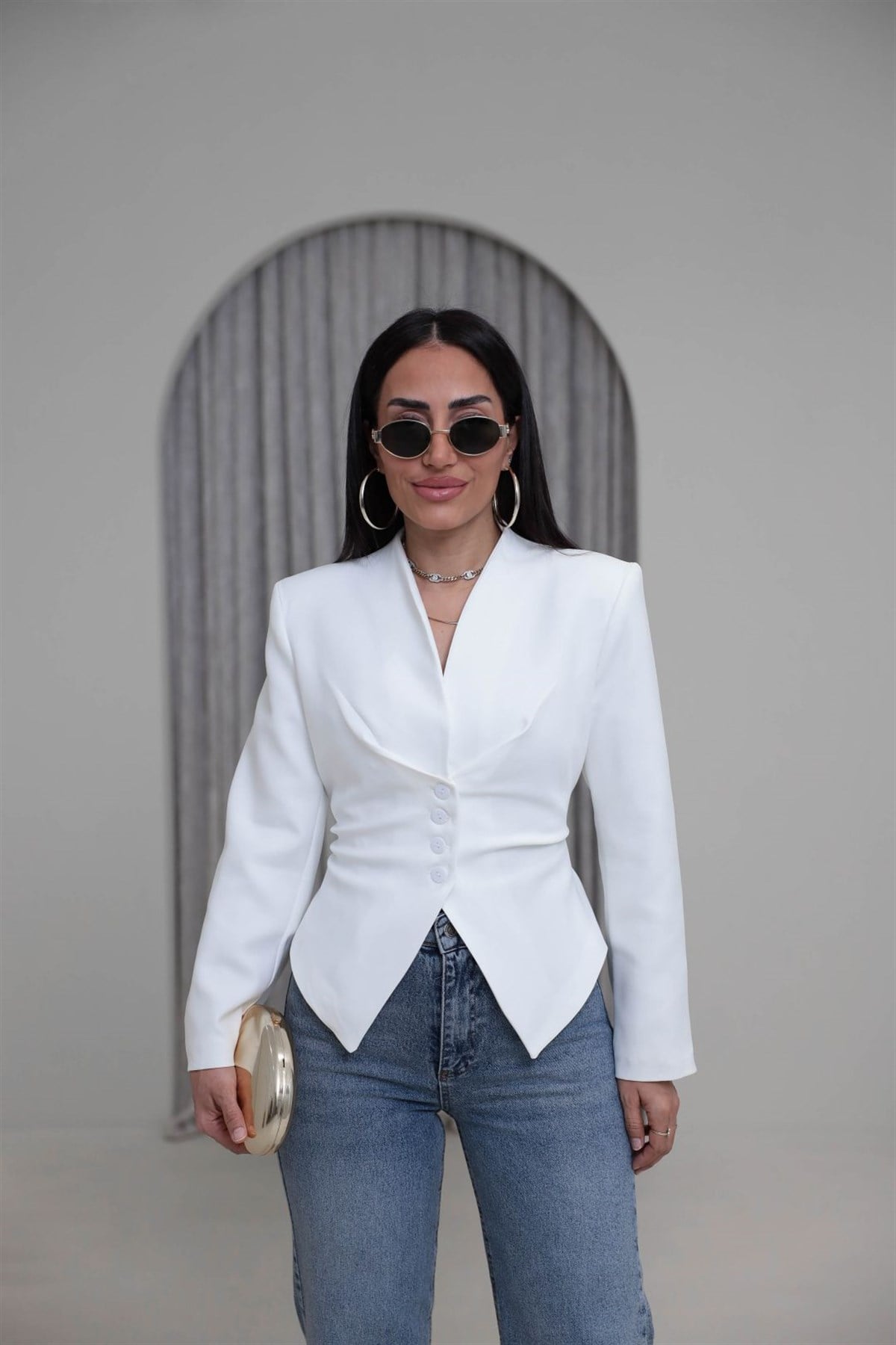 Vatkalı Asimetrik Belden Kuşaklı Ceket EKRU