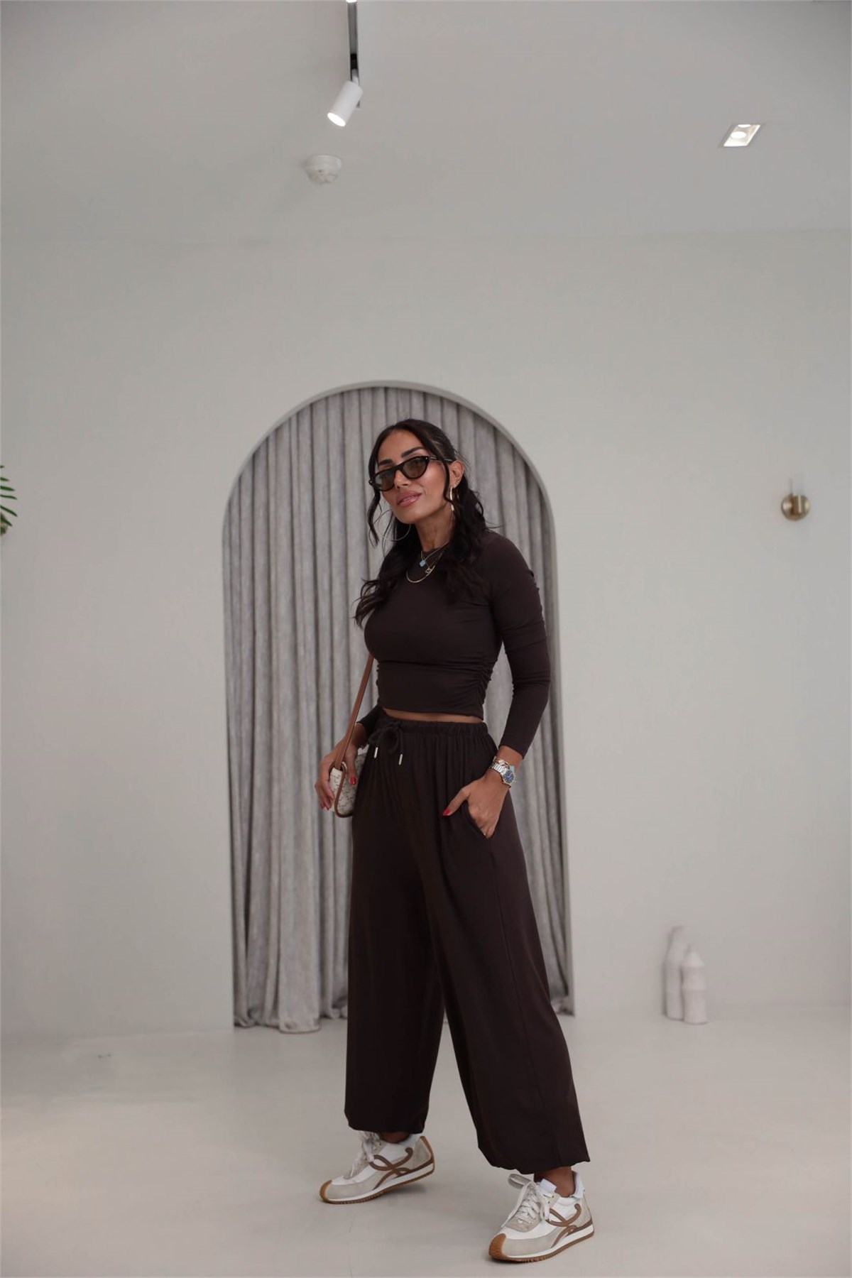 4289 Modal Drape Detaylı Şalvar Kesimli Bluz Pantolon Takım KAHVE