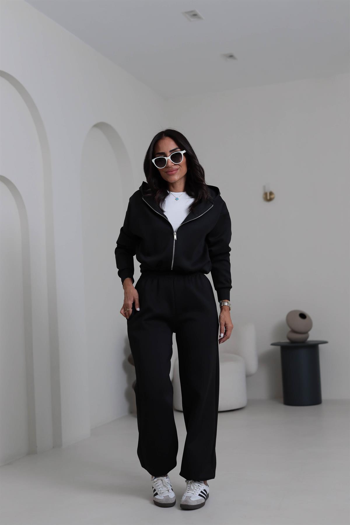 4202 Kapşonlu Büzgü Detay Scuba Takım SİYAH