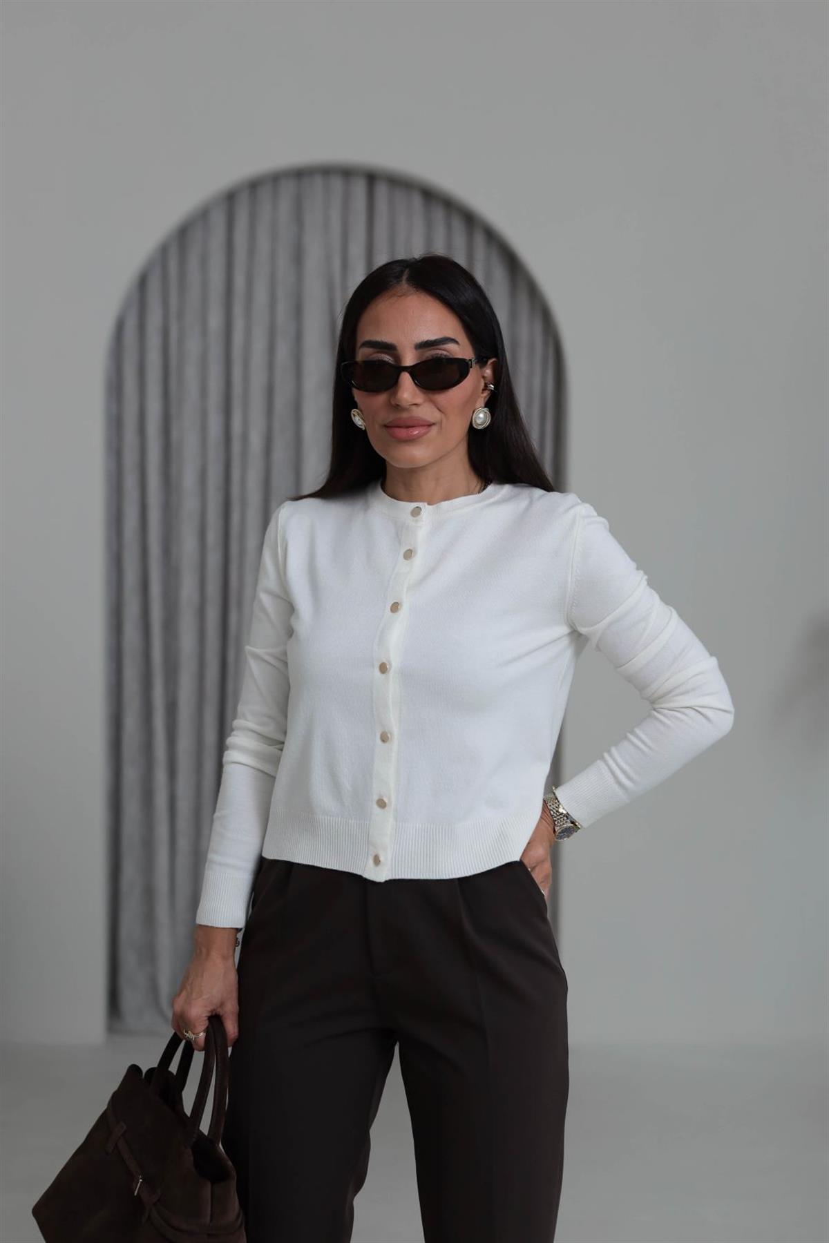 587 Gold Düğme Detaylı İnce Triko Hırka EKRU