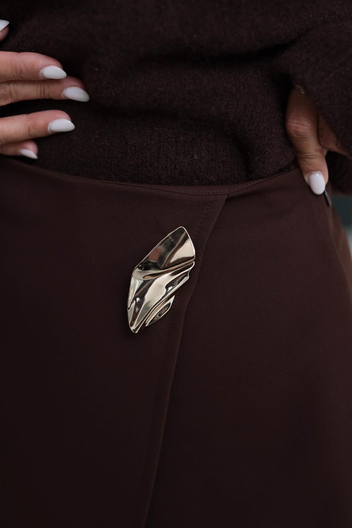 219 Gold Toka Detaylı Şort Etek ACI KAHVE