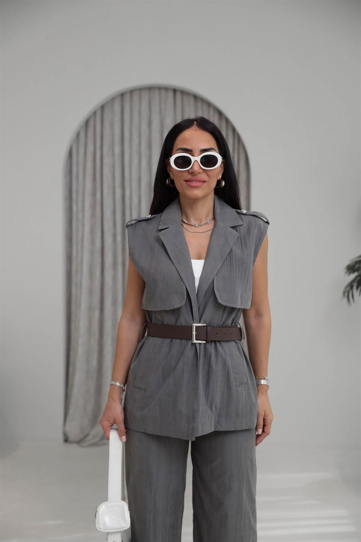 0719 Kemerli Tencel Kumaş Pantolon Yelek Takım GRİ