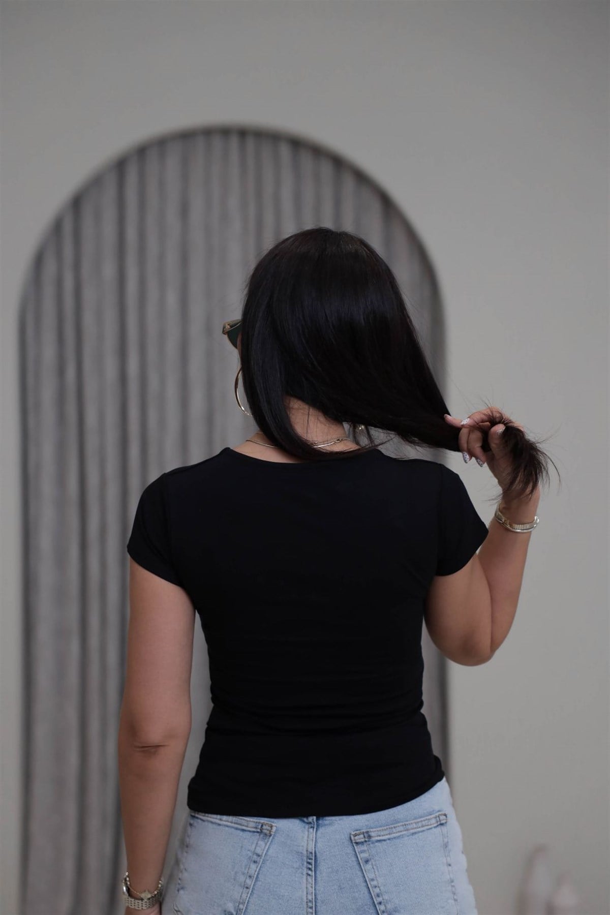 7548 V Yaka Basic Karol Tshirt SİYAH