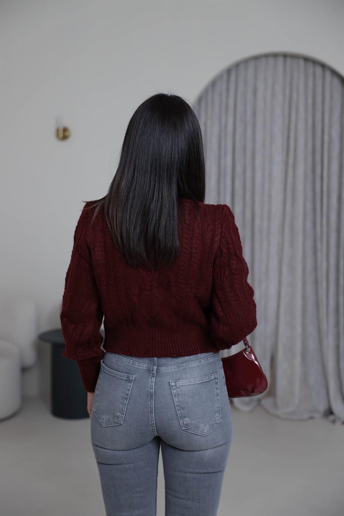 2549 Balıkçı Yaka Örgü Desen Kazak BORDO