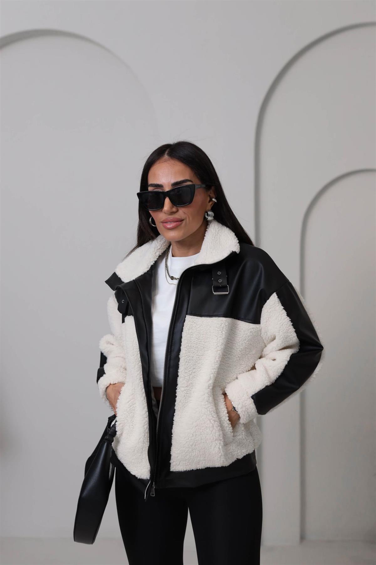 2631 Deri Garnili Kemer Detaylı Teddy Mont SİYAH-EKRU