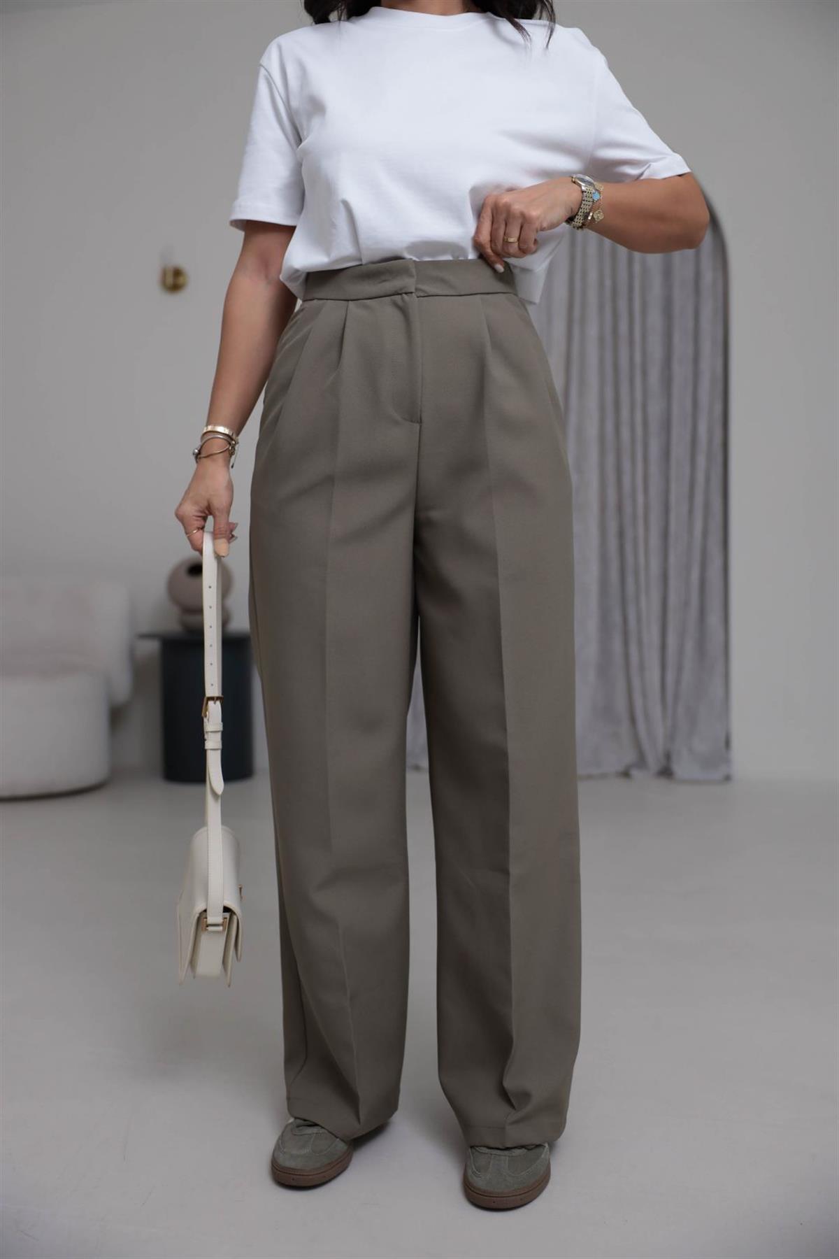 3869 Çift Pilili Kumaş Pantolon HAKİ YEŞİL