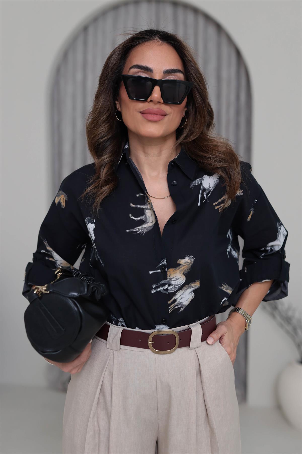 4651 At Figürlü Pamuklu Gömlek SİYAH