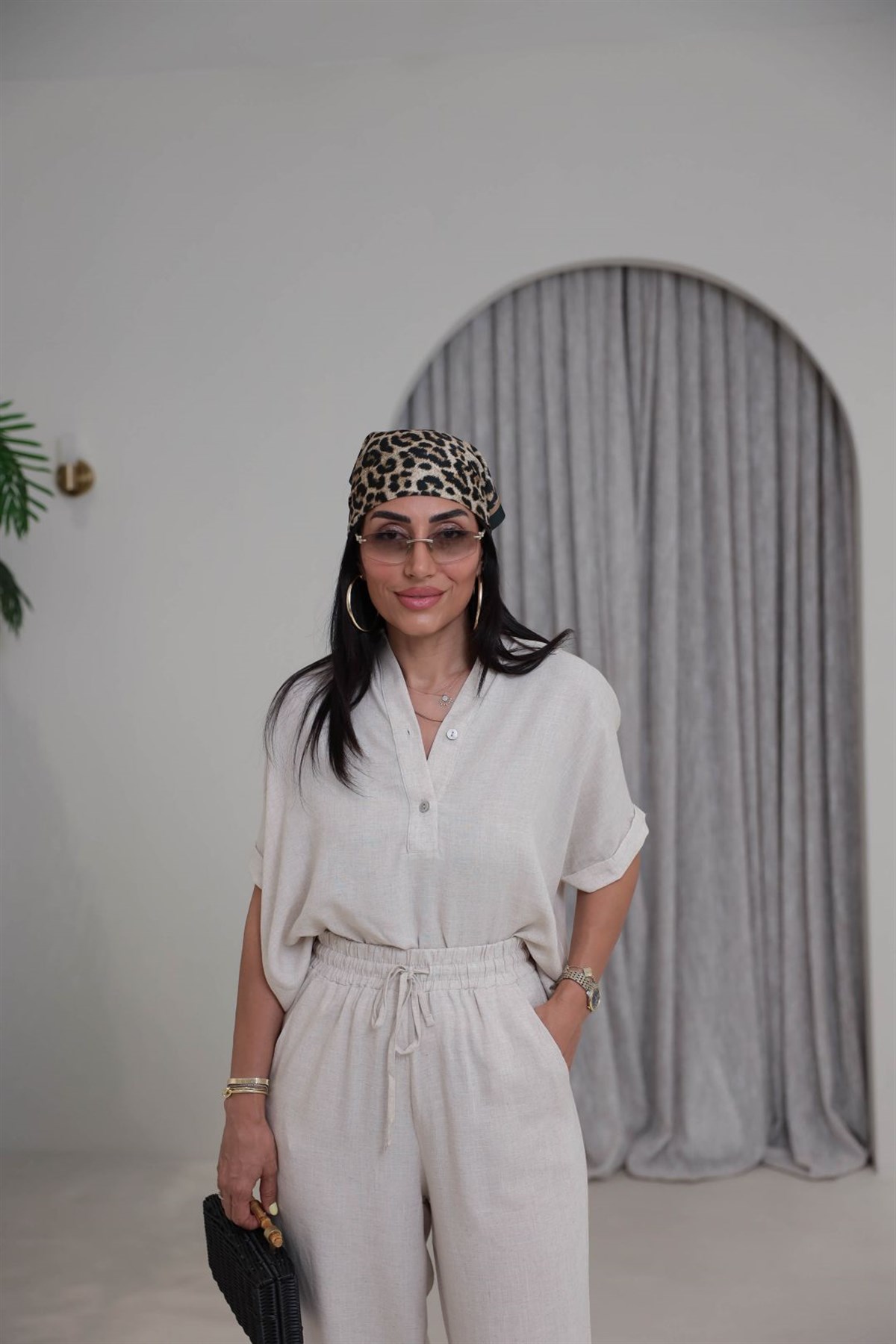 0547 Keten Rahat Bluz Pantolon Takım TAŞ
