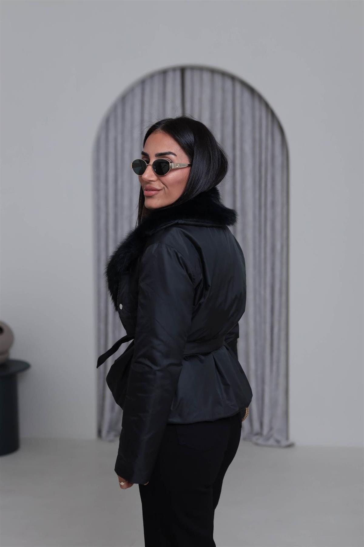 5885 Kürk Yakalı Kuşaklı Şişme Mont SİYAH