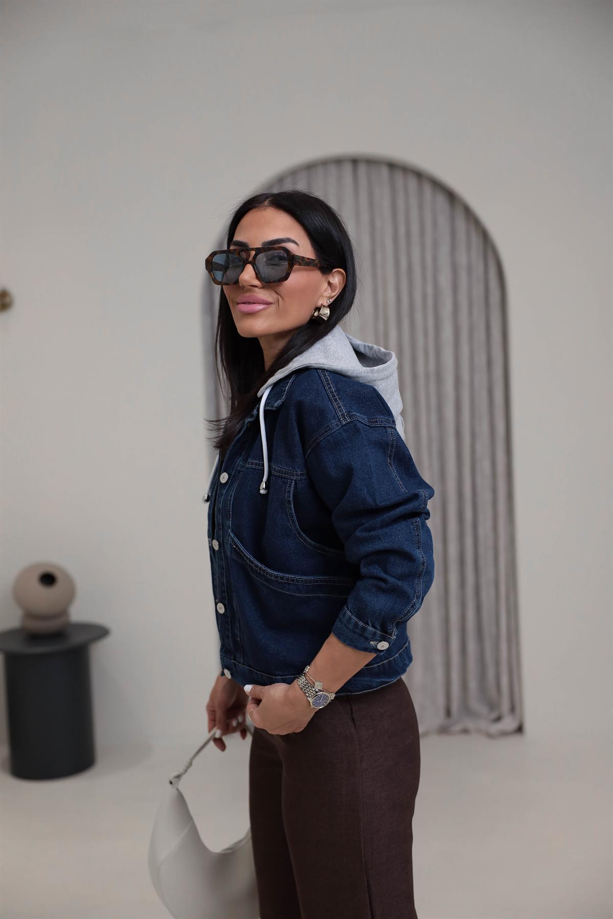 5039 Penye Kapüşonlu Kot Ceket KOYU MAVİ