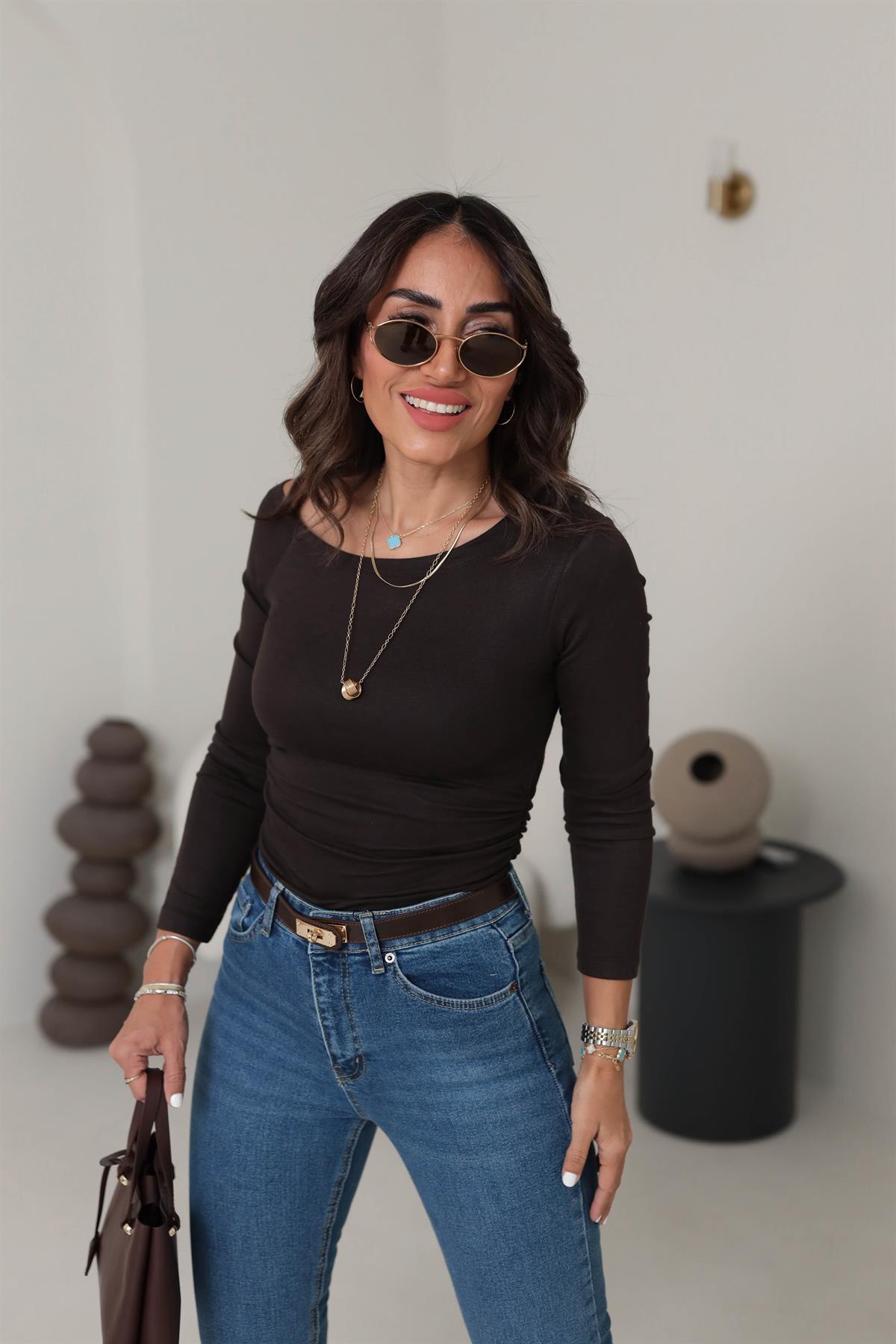 1007 Asimetrik Yaka Yanları Drapeli Modal Bluz ACI KAHVE