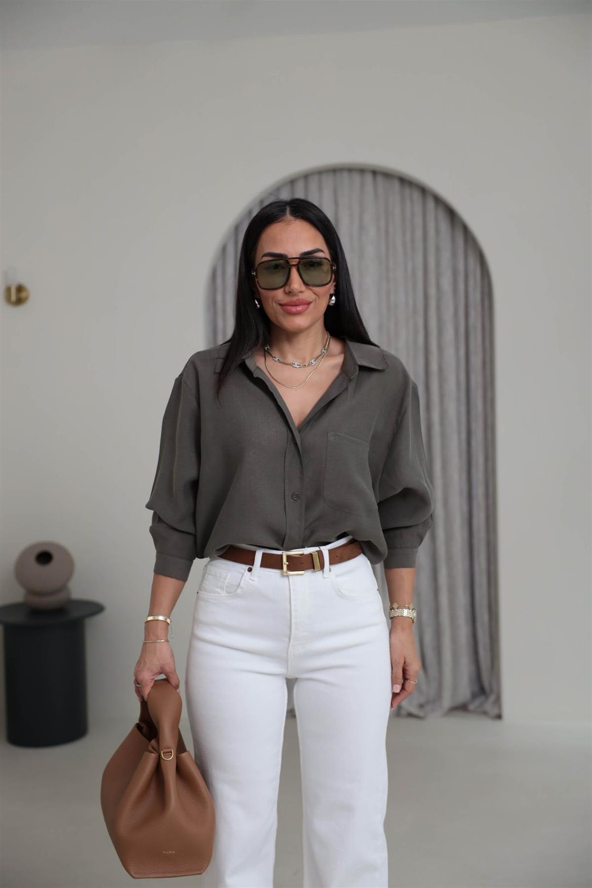 8454 Düşük Omuz Salaş Gömlek HAKİ YEŞİL