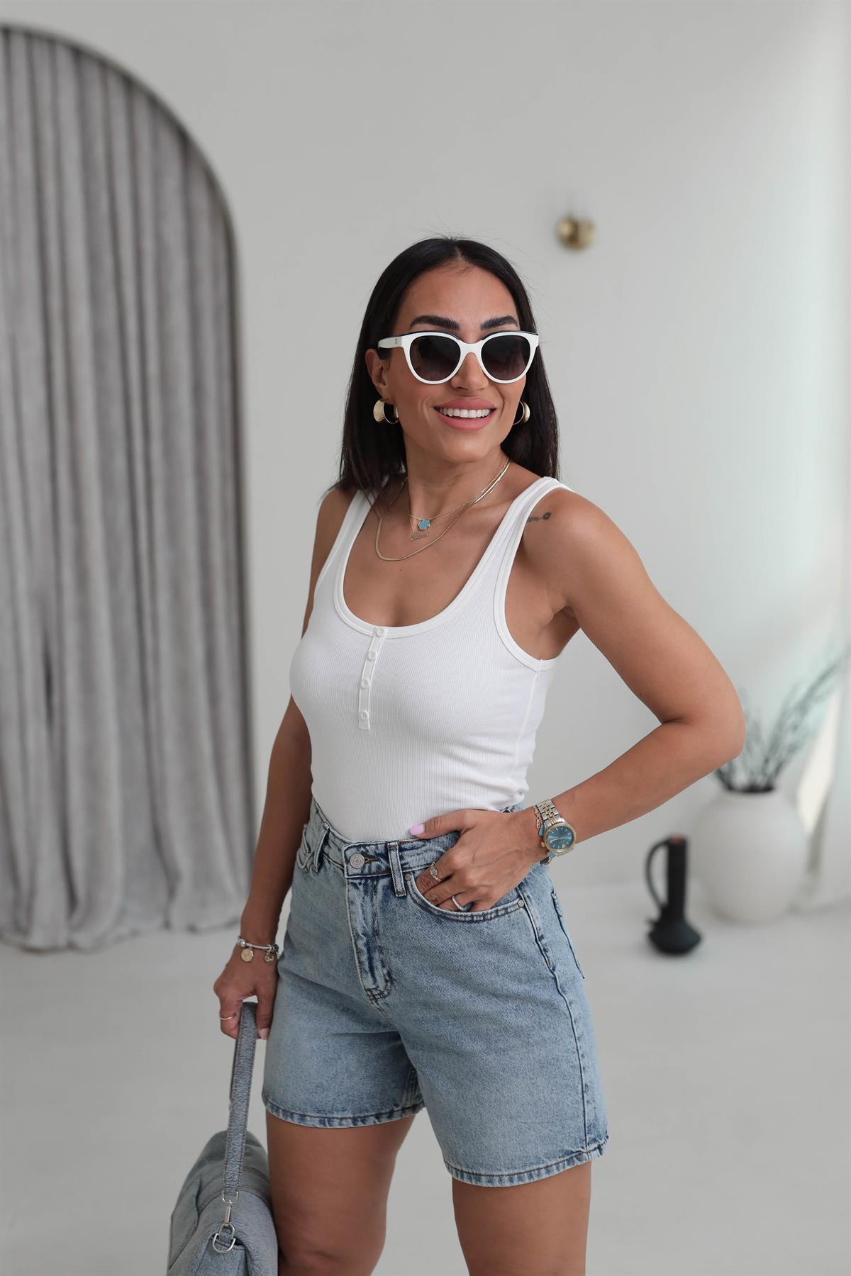 6427 Yarım Düğmeli Pamuklu Atlet EKRU