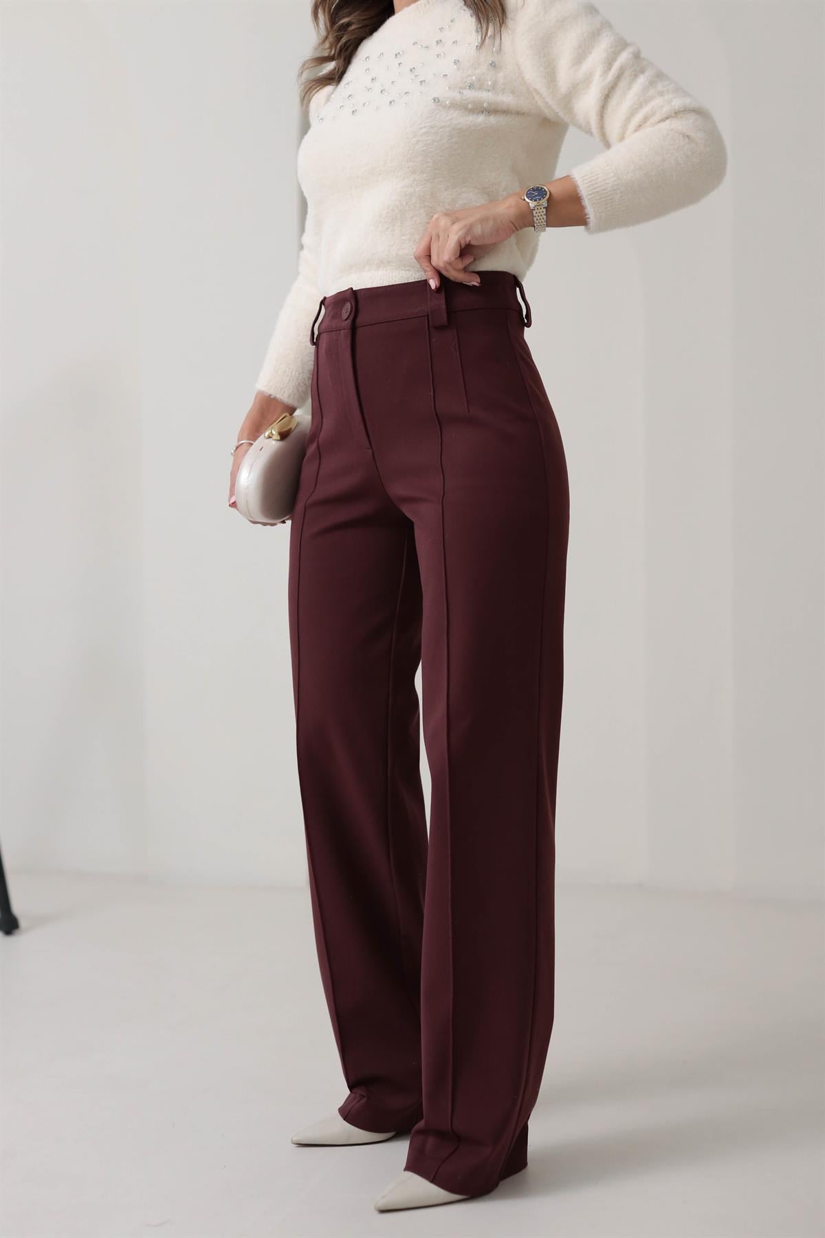 4888 Önü Çimalı Tok Kumaş Palazzo Pantolon BORDO