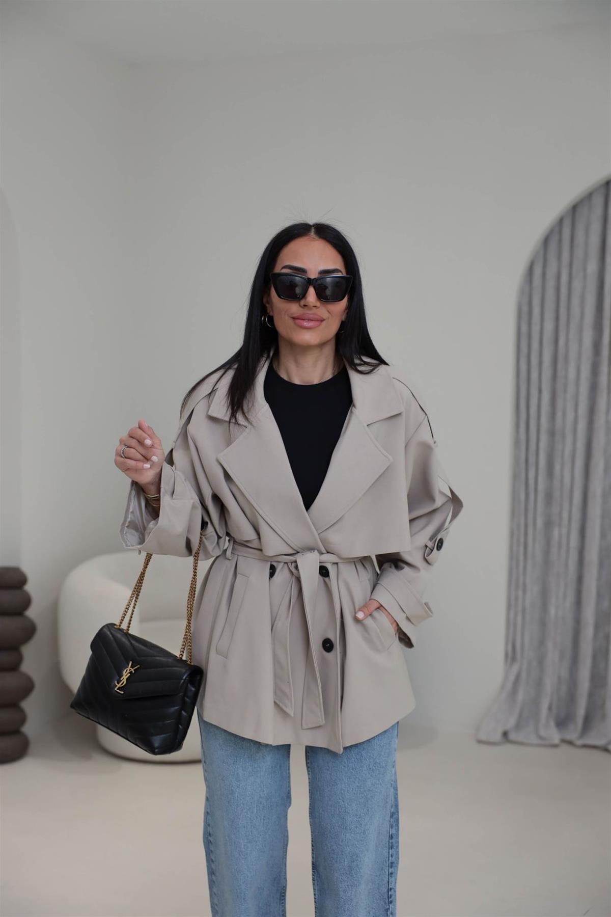 Apoletli Tasarım Astarlı Premium Kısa Trençkot CAMEL