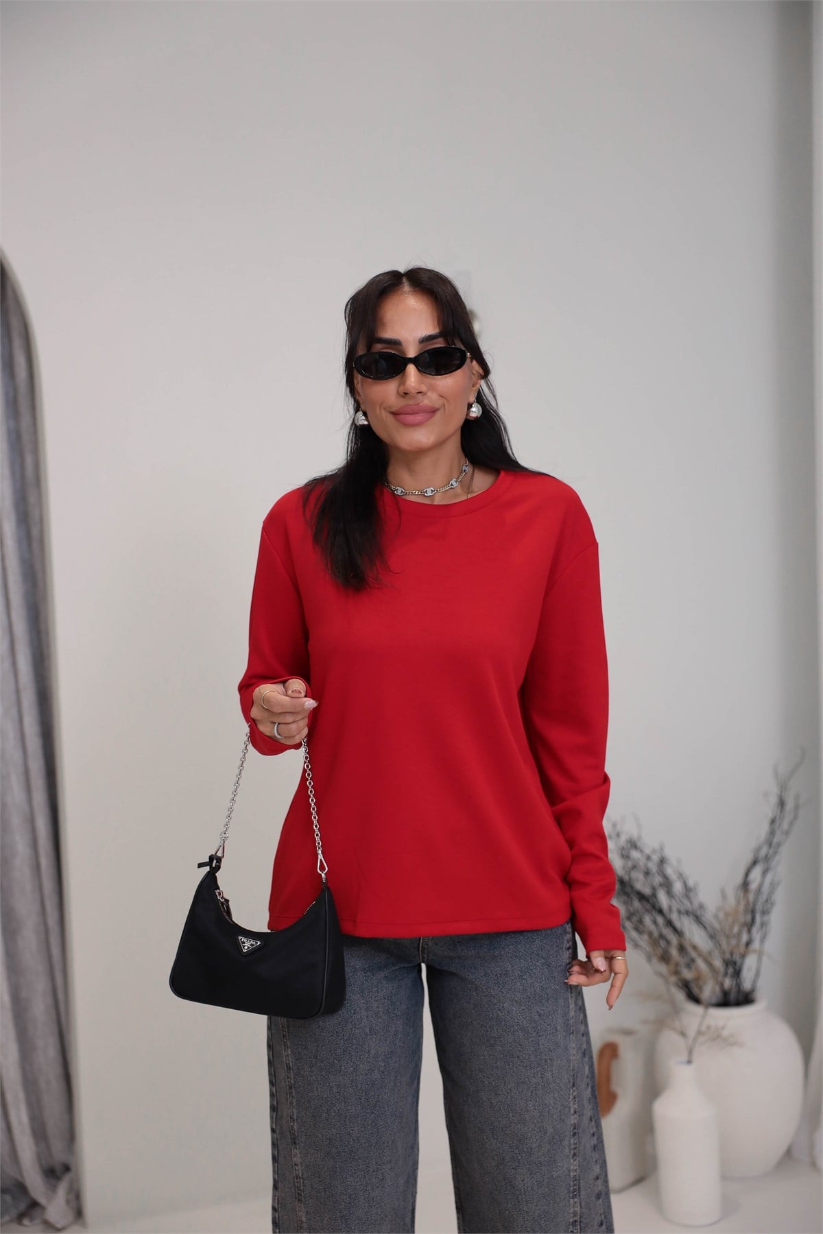 1448 Bisiklet Yaka uzun Kollu Oversize Tshirt KIRMIZI