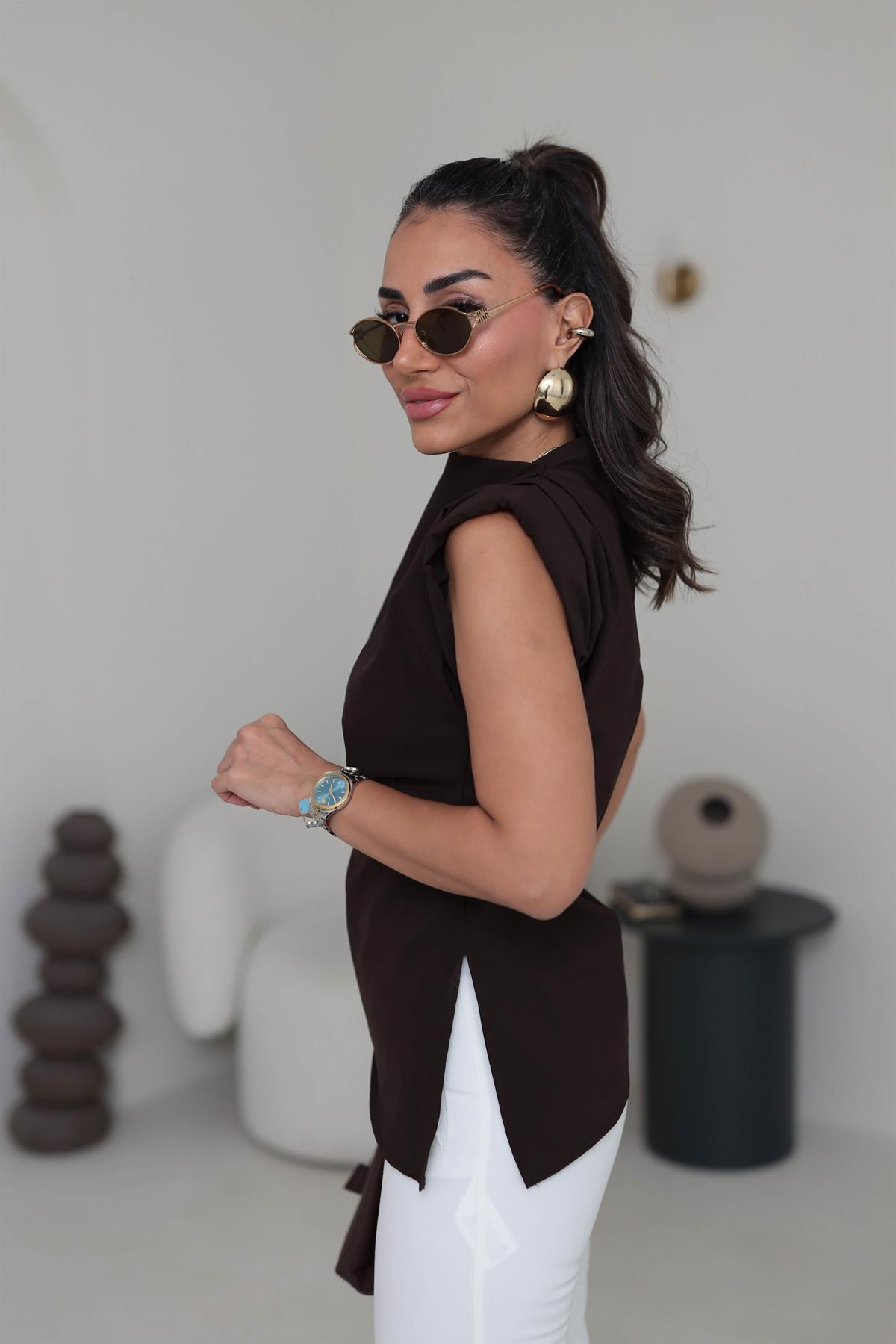 9730 Drapeli Asimetrik Vatkalı Bluz ACI KAHVE