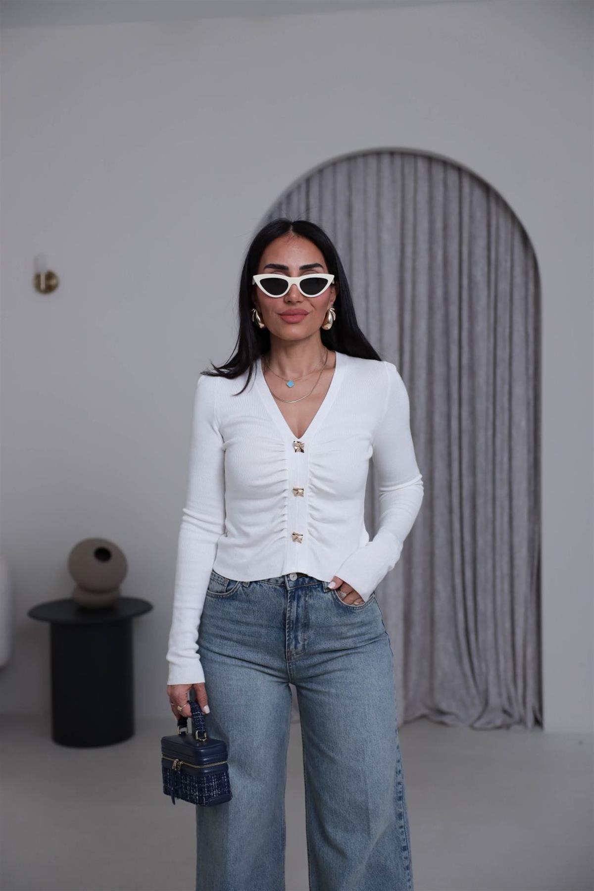 0805 Önü Büzgülü Düğme Detaylı Korsman Triko EKRU