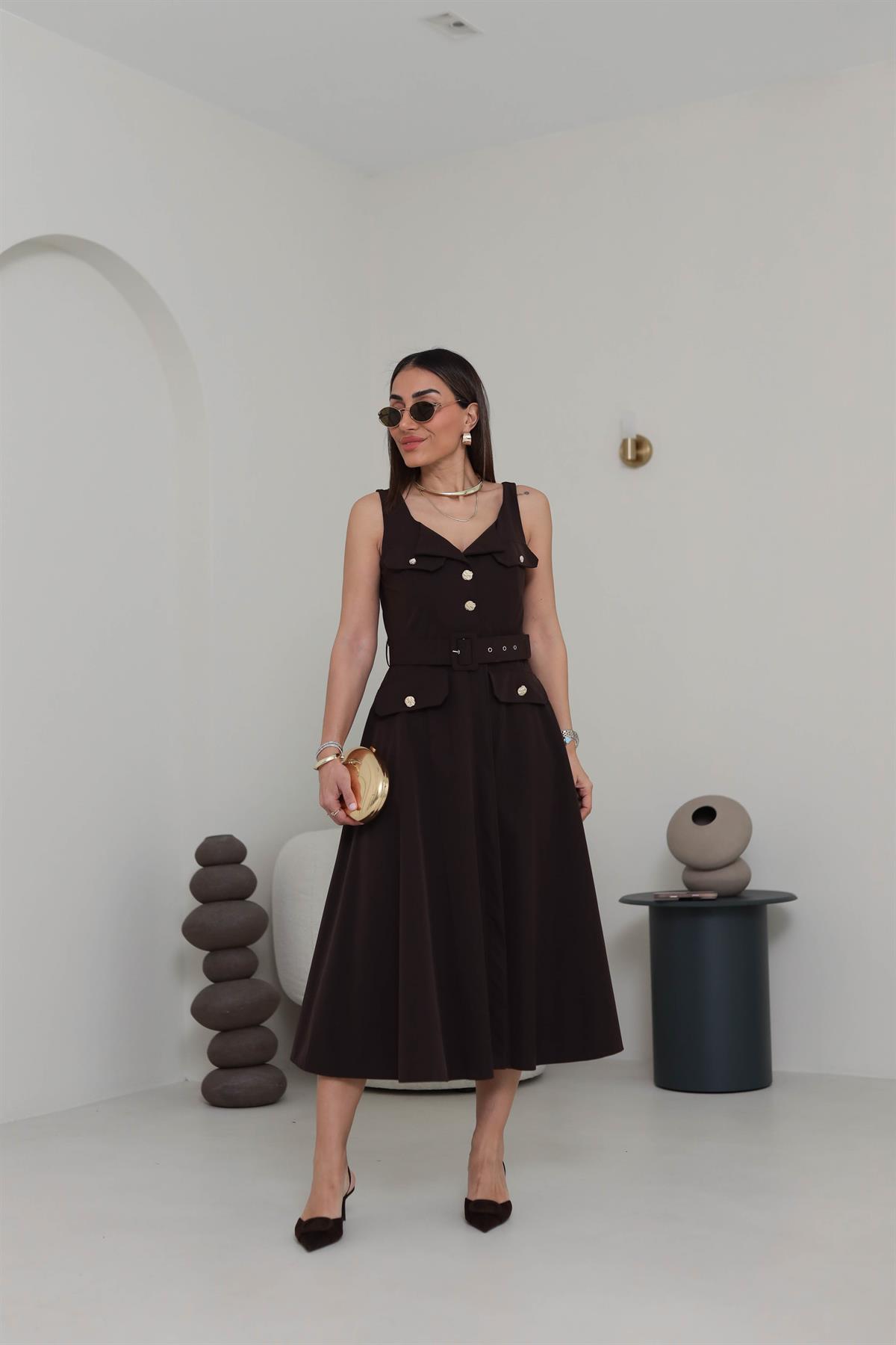 Kare Yaka Gold Düğmeli Cep Kapaklı Elbise ACI KAHVE