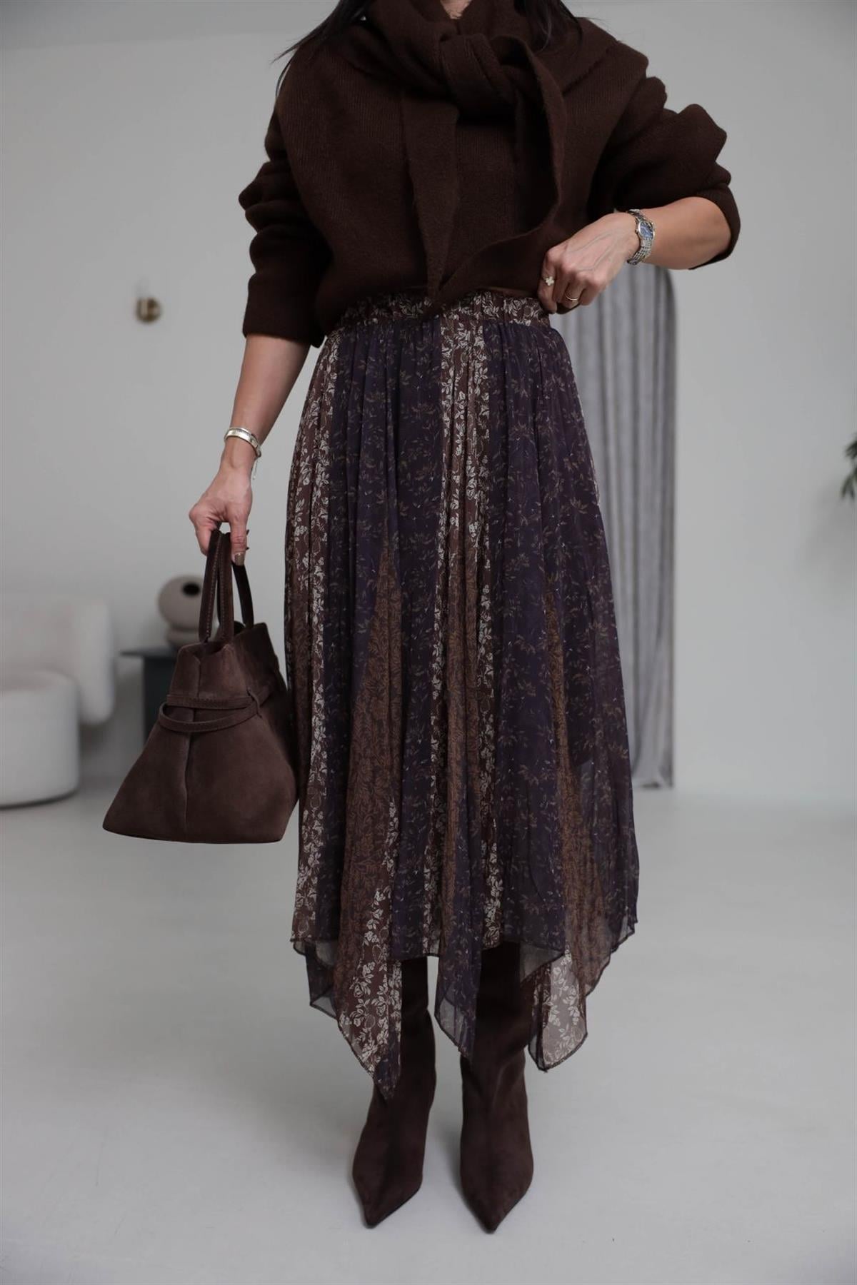 3873 Bel Lastikli Astarlı Asimetrik Etek ÇİÇEKLİ